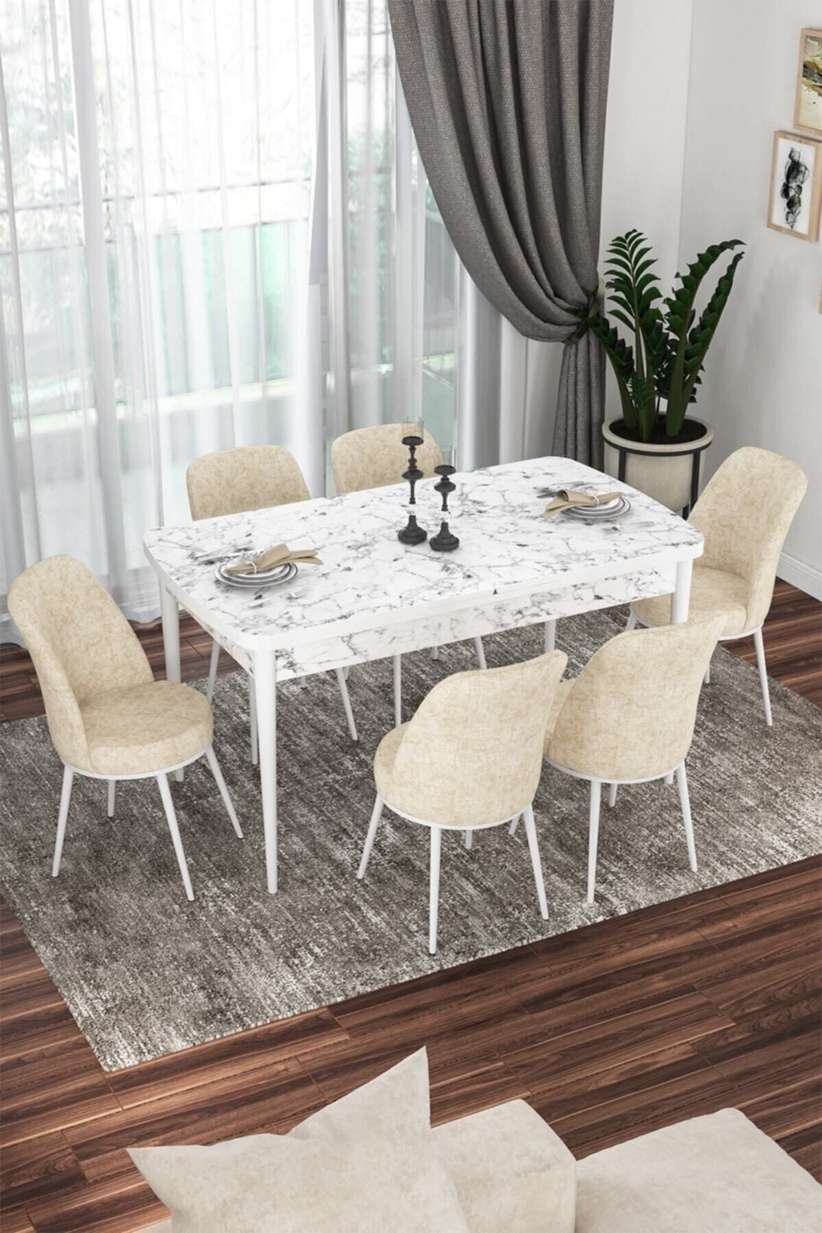Canisa Concept Kor Serisi 70x114 Açılabilir Mutfak Masa Takımı, Beyaz Mermer Masa 6 Krem Sandalye