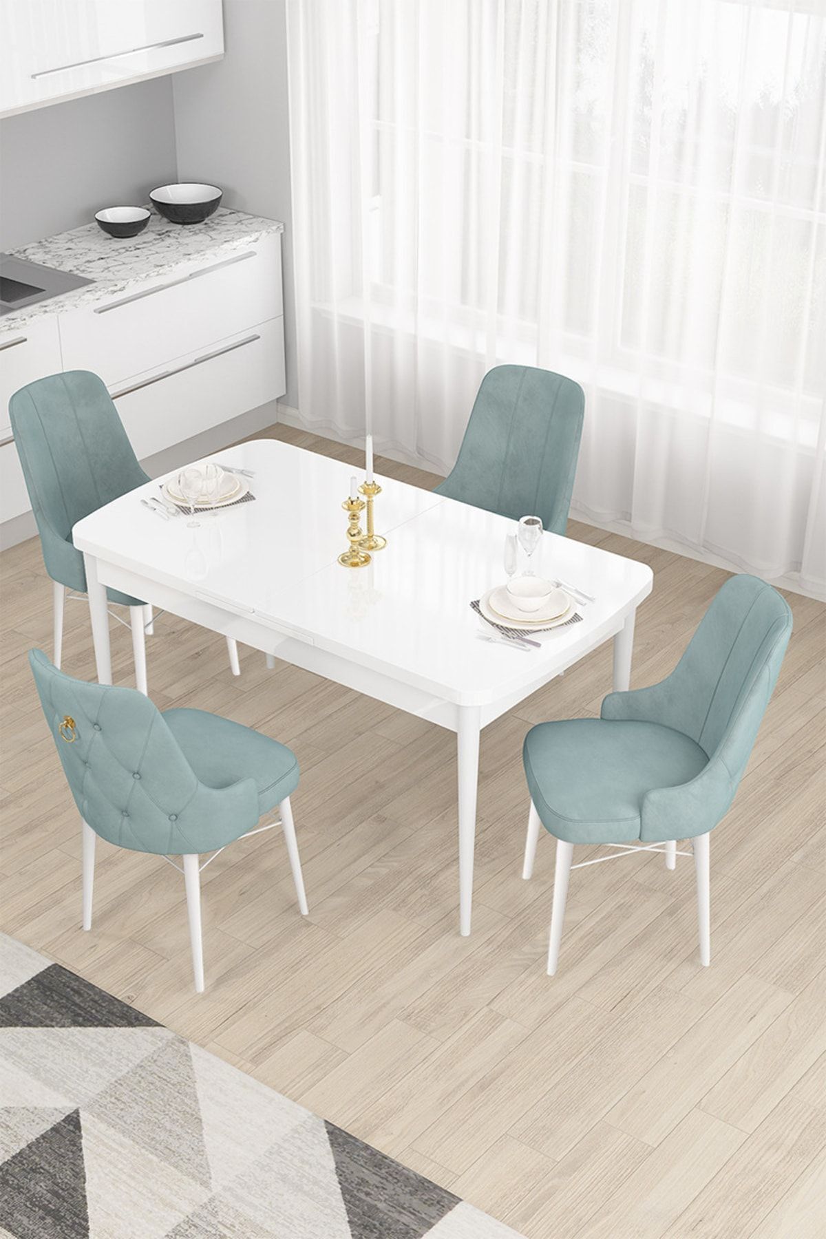 Canisa Concept Taç Serisi, 80x132 Açılabilir Beyaz Mutfak Masa Takımı, 4 Su Yeşili Sandalye