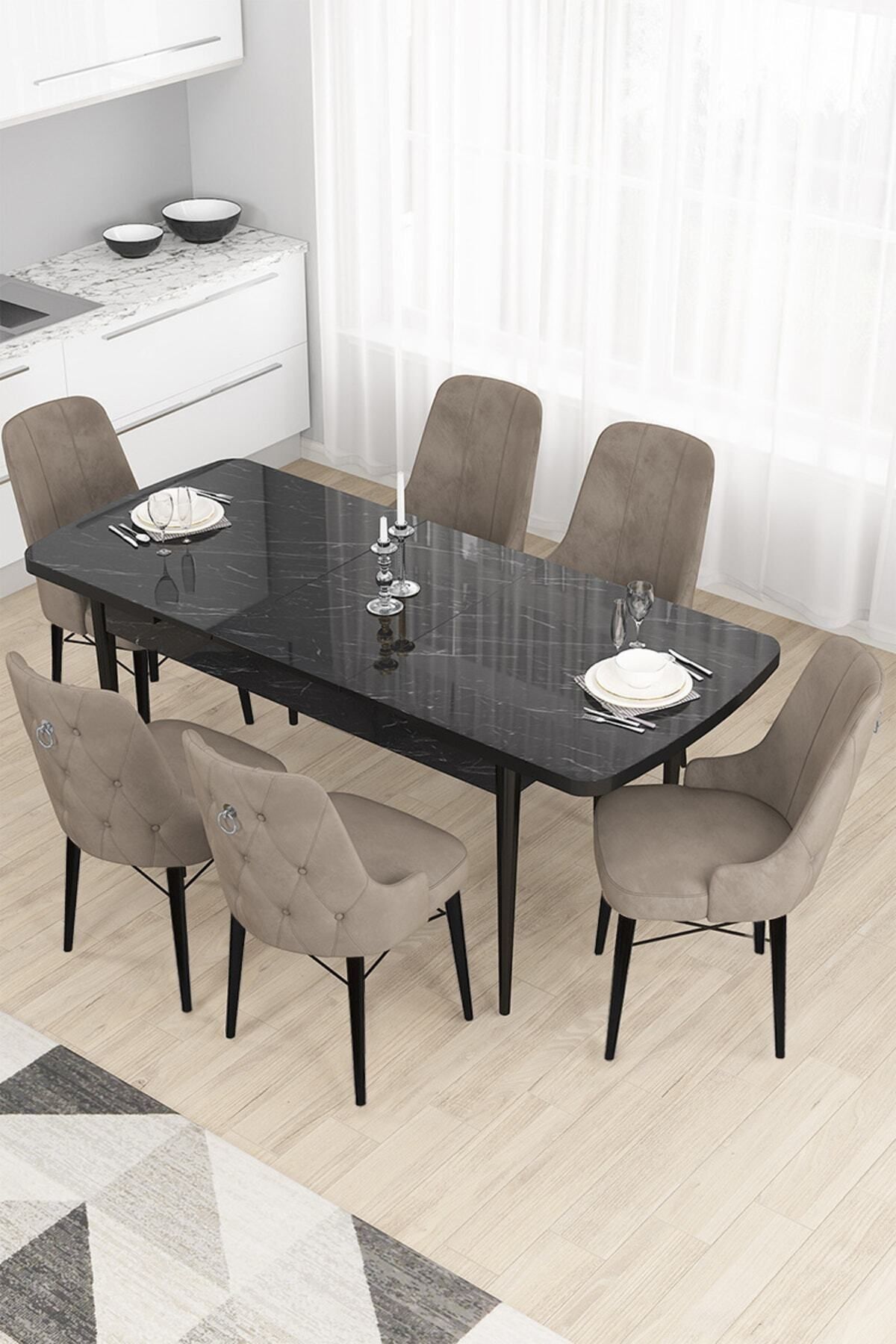 Canisa Concept Taç Serisi, 80x132 Siyah Mermer Desen Yemek Masası Takımı, 6 Cappucino Sandalye Gümüş Halkalı