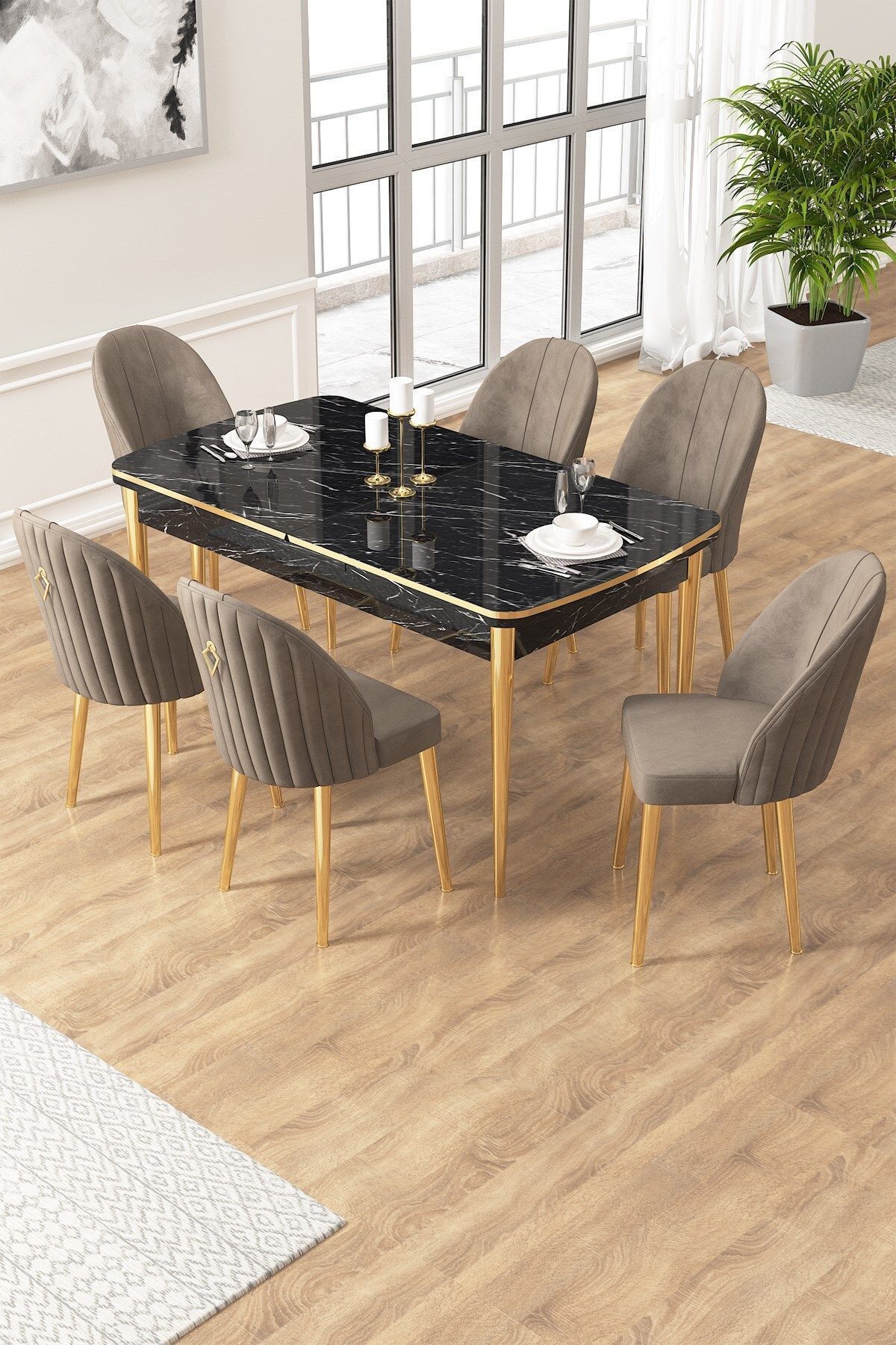 Canisa Edaf Serisi 80x132 Açılabilir Siyah Mermer Desen Mutfak Masa Takımı 6 Sandalye Gold Detay