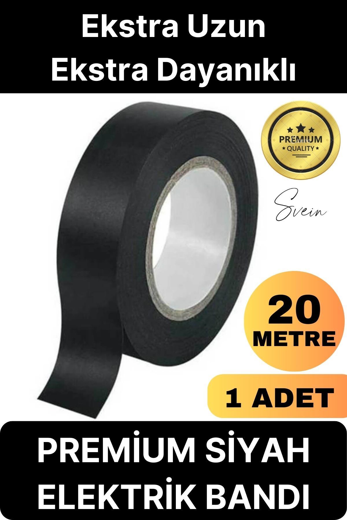 Svein 1 Ad. Premium Kalite 20 Mt Yalıtım İzole PVC Elektrik Bandı Su Geçirmez Sızdırmaz Koruma Bant Siyah