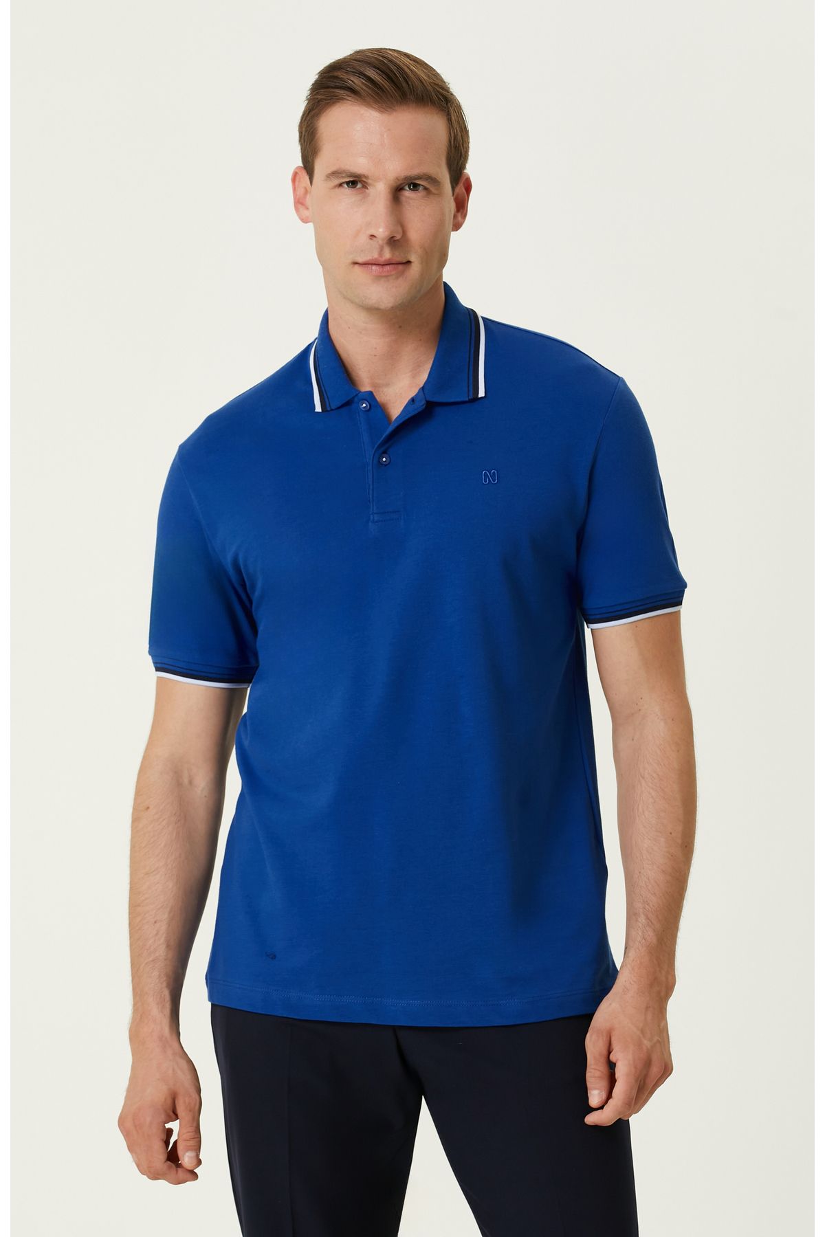 Network Erkek Saks Çizgi Detaylı Petek Dokulu Slim Fit Polo Yaka T-Shirt