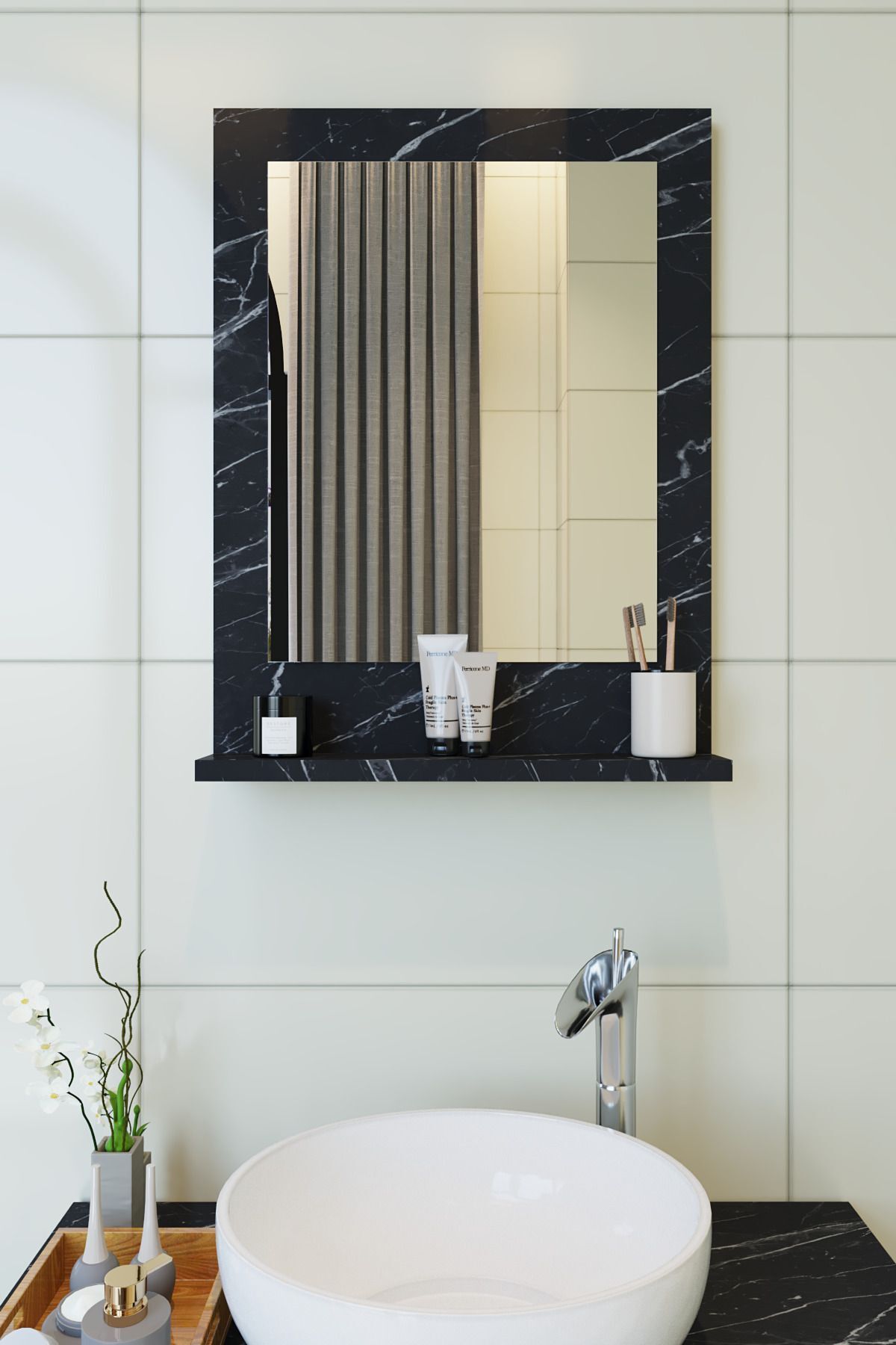 makbulce Safir Banyo Aynası Dresuar 45x60 Mermer Raflı Banyo Aynası