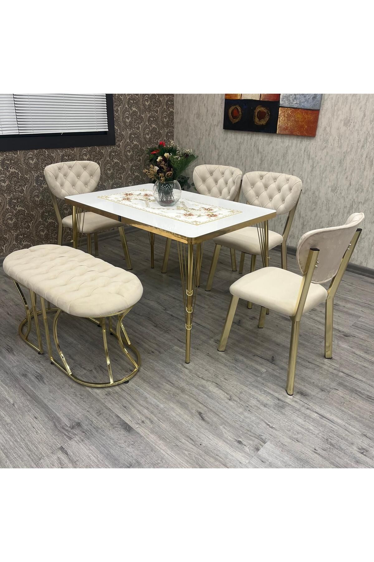 BY ORHAN GÜZEL Mutfak Masa Sandalye Takımı Akuamarin 80-120 Ck Gold Benchli 6 Kişilik Mutfak Masası Takımı