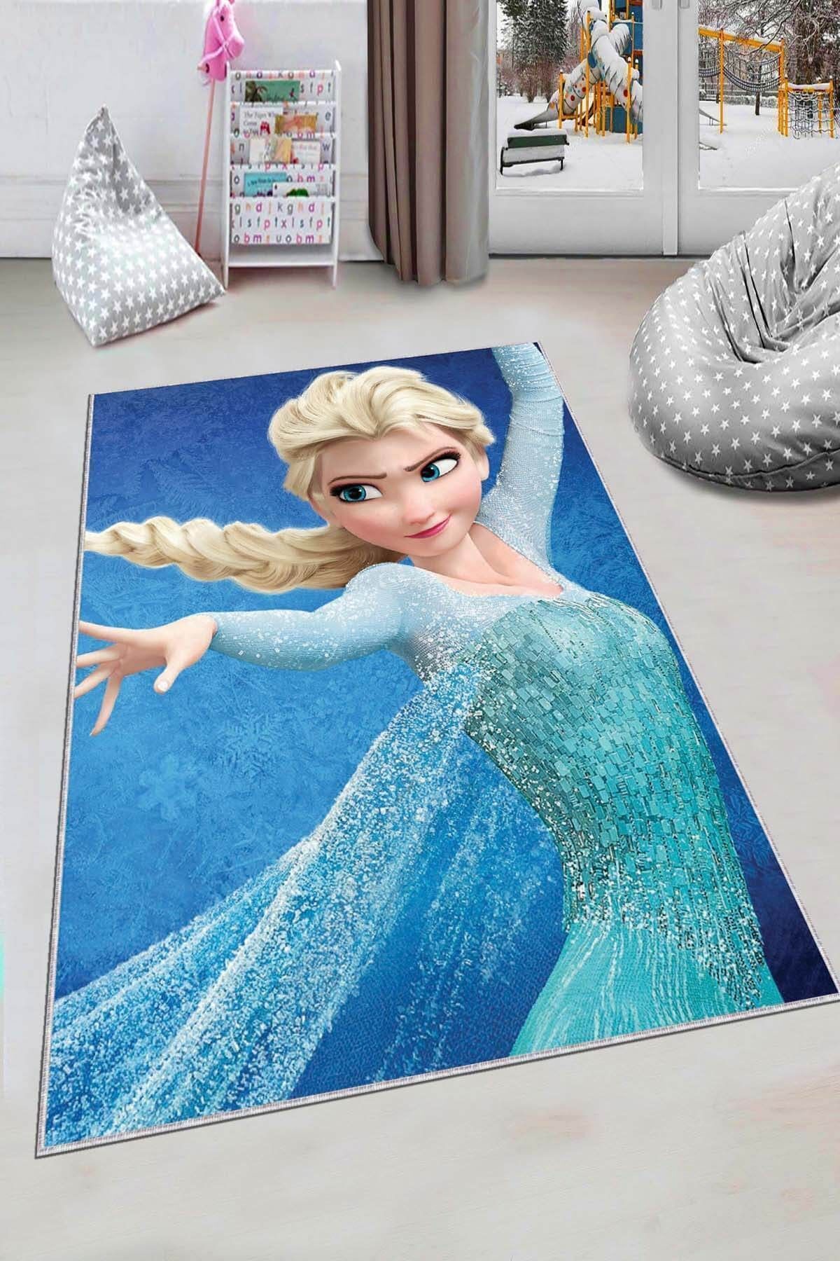 NeluxHome Makinede Yıkanabilir Kaymaz Tabanlı Kız Çocuk Halısı Frozen Elsa Ck034