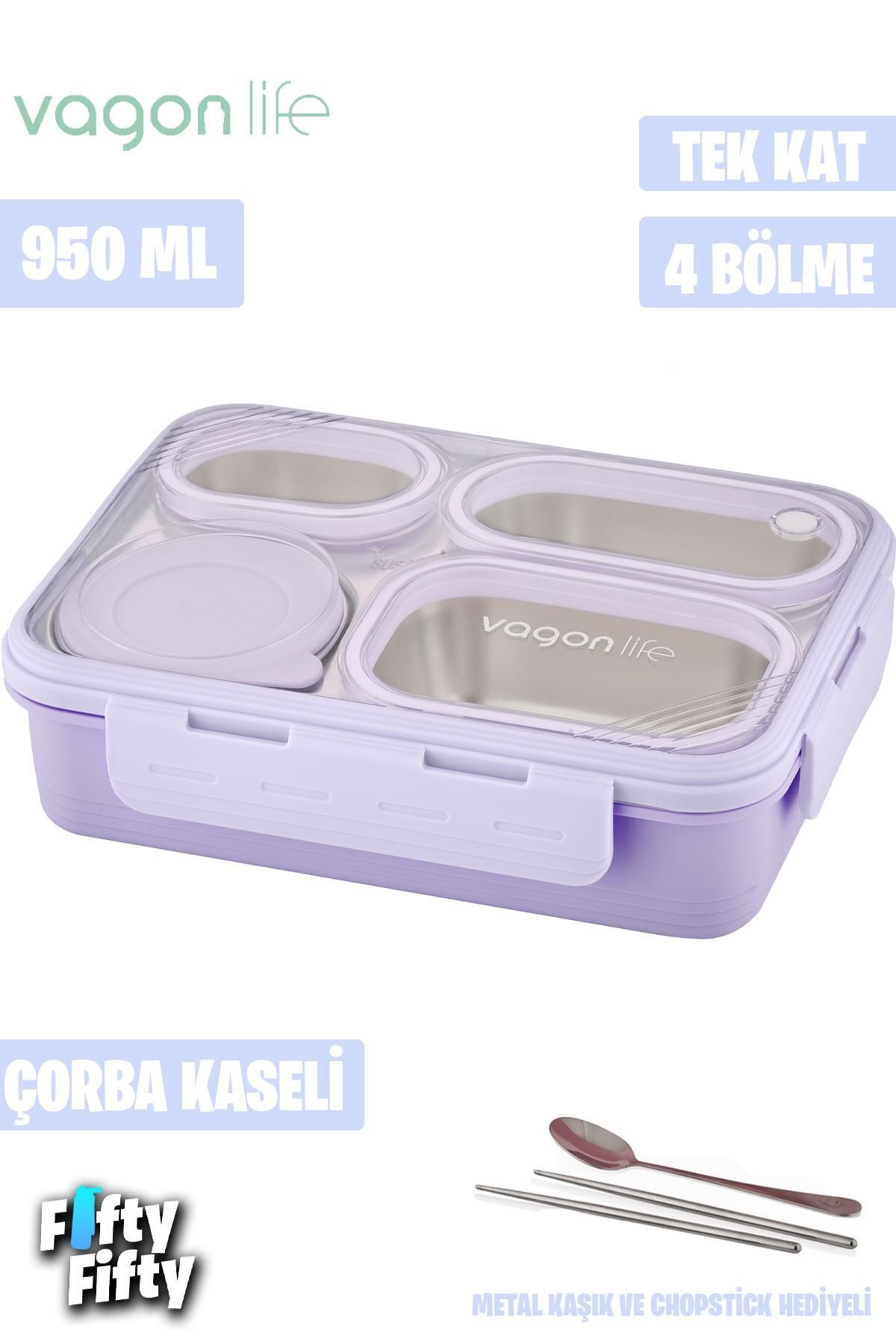 Vagonlife Lunch Box 950 ML Paslanmaz Çelik Tek Kat Dört Bölmeli Çorba Kaseli Metal Kaşıklı-FFLBOX709