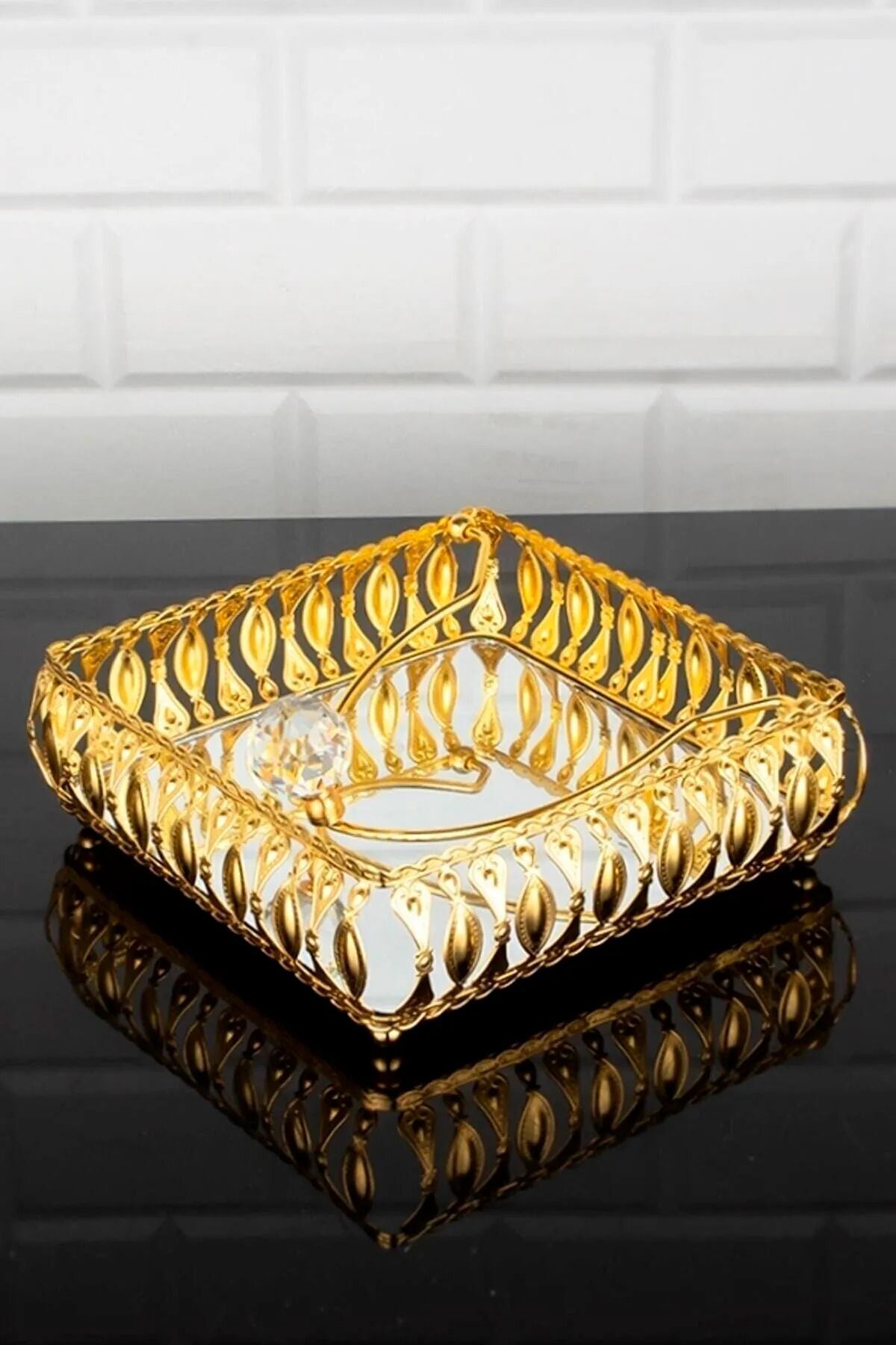devigo Taşlı Aynalı Premium Peçetelik Paslanmaz Çelik Lüks Peçete Kutusu Gold İşlemeli