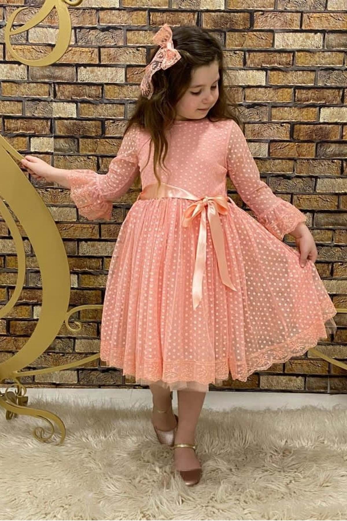 Mnk Rengarenk Fransız Dantel Tokalı Kız Çocuk Elbise Somon