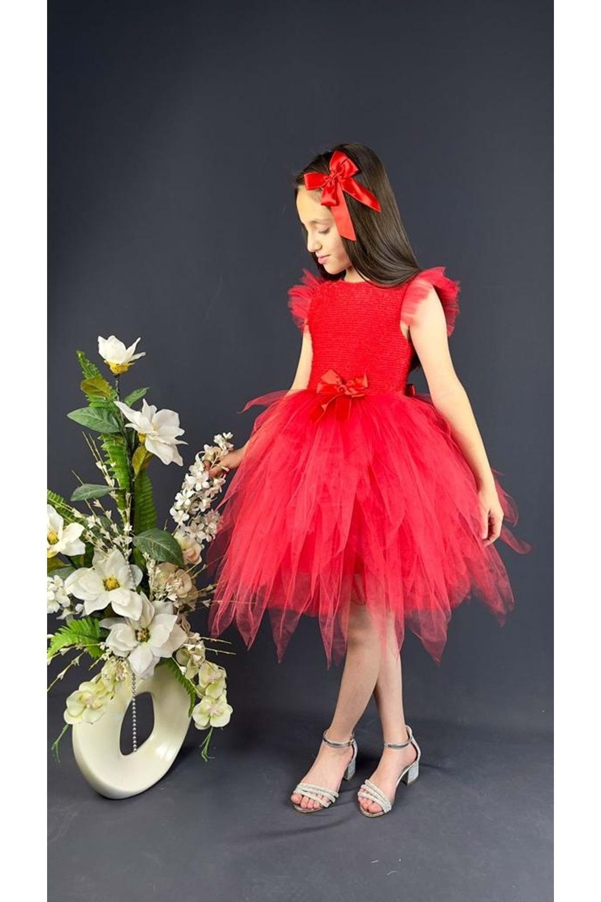 Mnk Tüllü Kırçıllı Kız Çocuk Parti Elbisesi Kırmızı