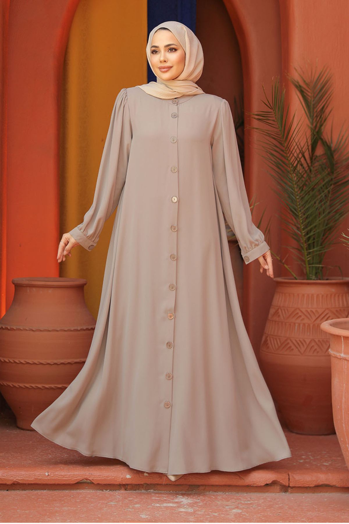 Neva Style Düğmeli Bej Tesettür Abaya 45283BEJ