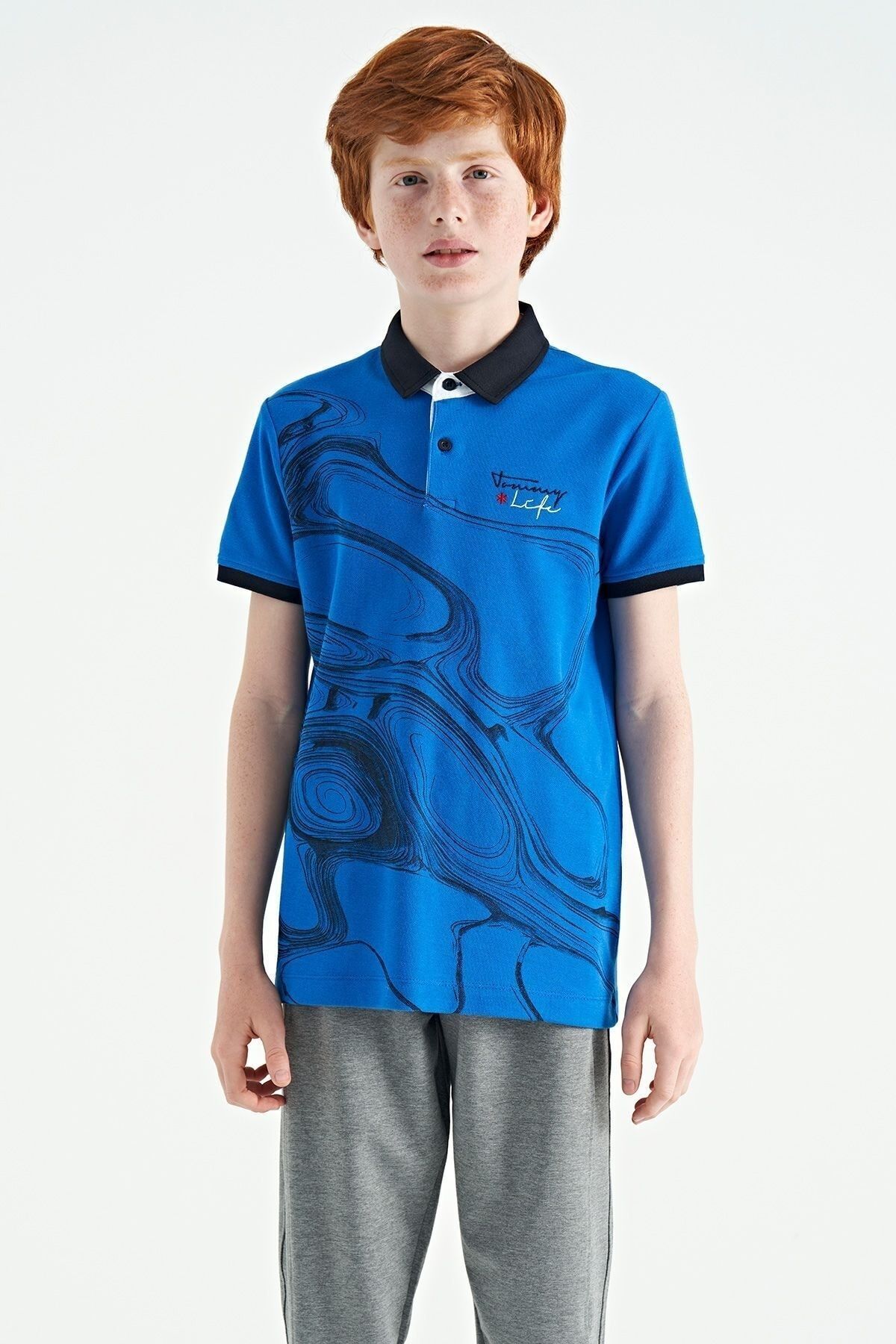 TOMMY LIFE Saks Baskı Detaylı Standart Kalıp Polo Yaka Erkek Çocuk T-Shirt - 11165