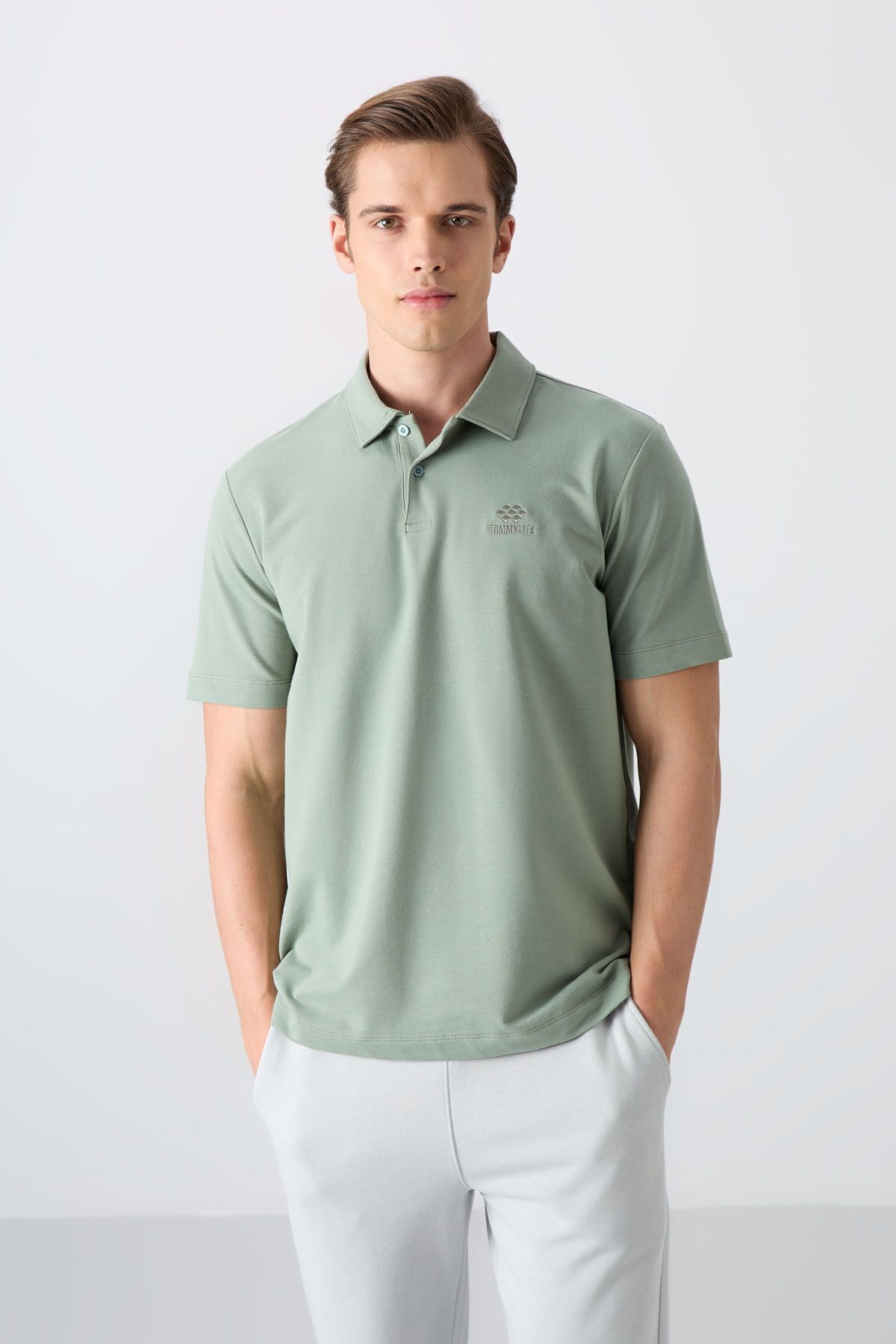 TOMMY LIFE Açık Yeşil Pamuklu Kalın Yumuşak Dokulu Standart Fit Basic Polo Yaka Erkek T-Shirt - 88348