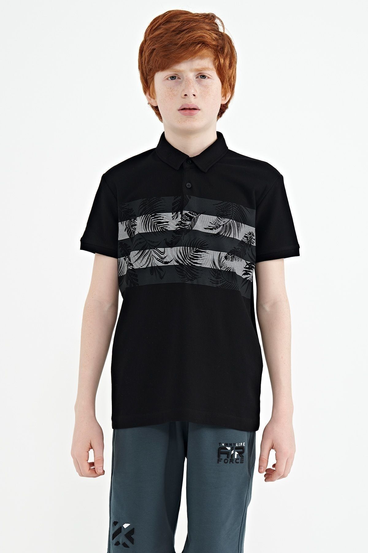 TOMMY LIFE Siyah Baskı Detaylı Standart Kalıp Polo Yaka Erkek Çocuk T-shirt - 11101