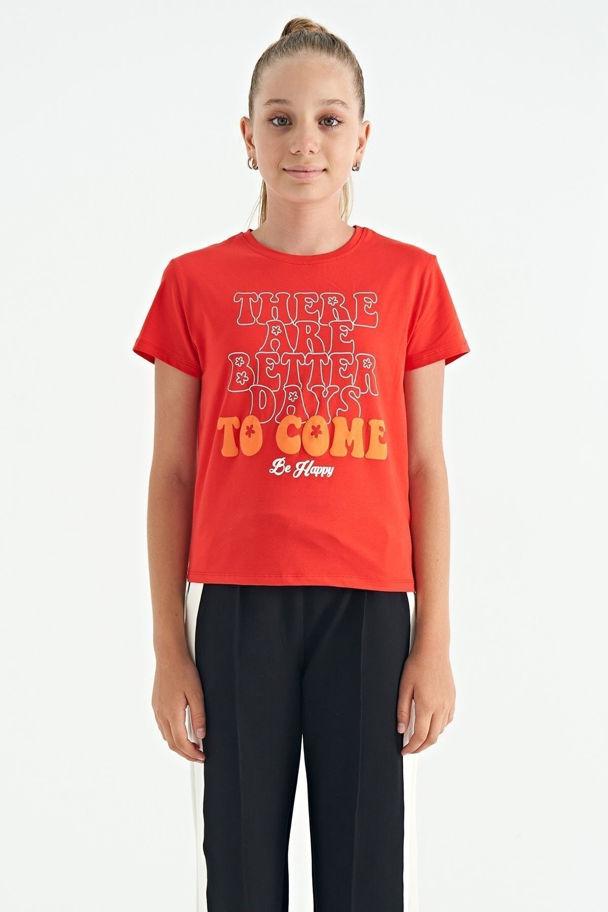 TOMMY LIFE Fiesta O Yaka Yazı Baskılı Rahat Form Kısa Kollu Cropped Kız Çocuk T-Shirt - 75118