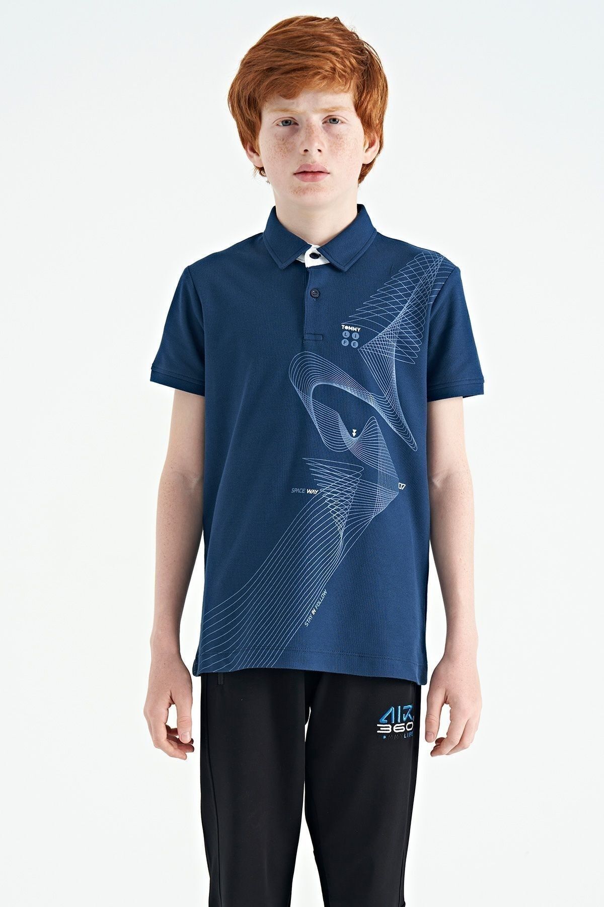 TOMMY LIFE İndigo Baskı Detaylı Standart Kalıp Polo Yaka Erkek Çocuk T-Shirt - 11164