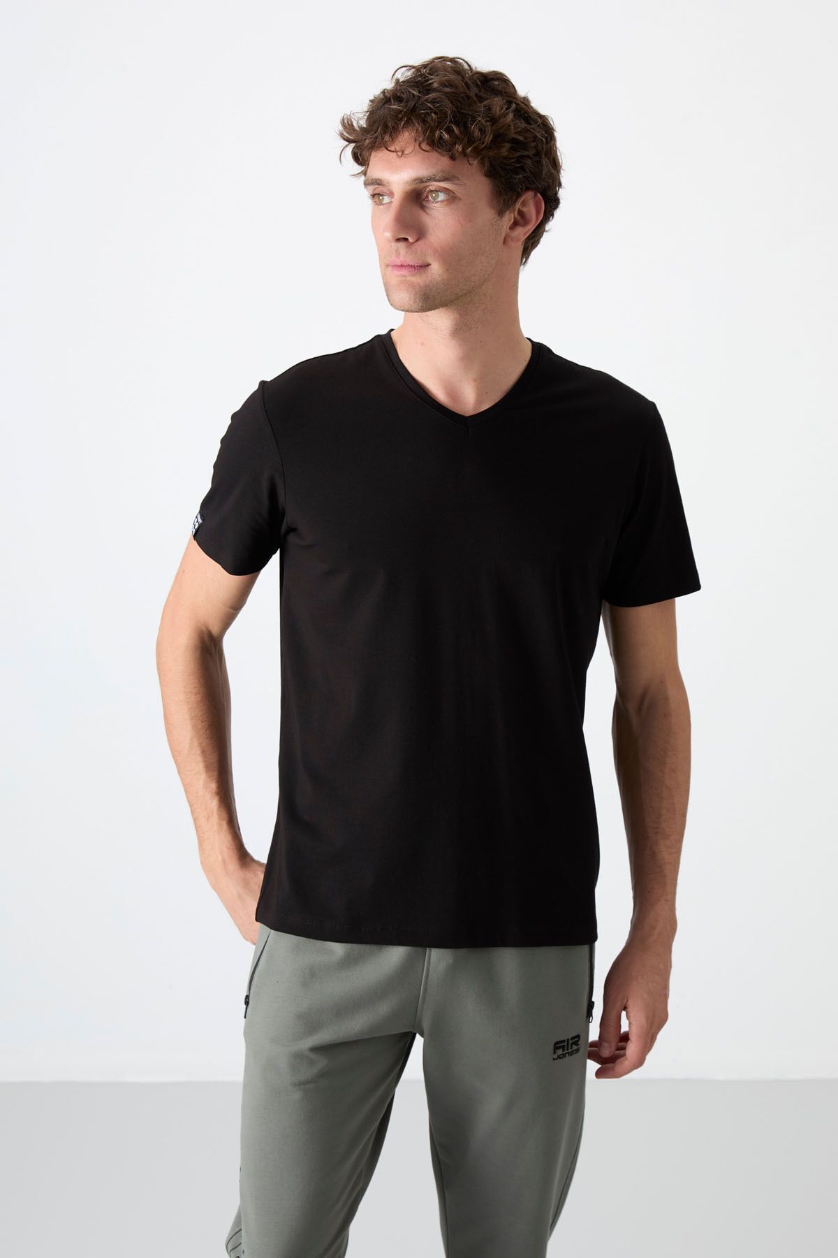 TOMMY LIFE Siyah Erkek Basic Kısa Kol Standart Kalıp V Yaka T-shirt - 87912