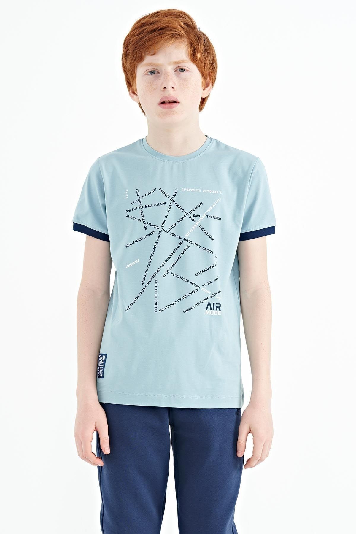 TOMMY LIFE Açık Mavi Minimal Yazı Baskılı Standart Kalıp O Yaka Erkek Çocuk T-shirt - 11132