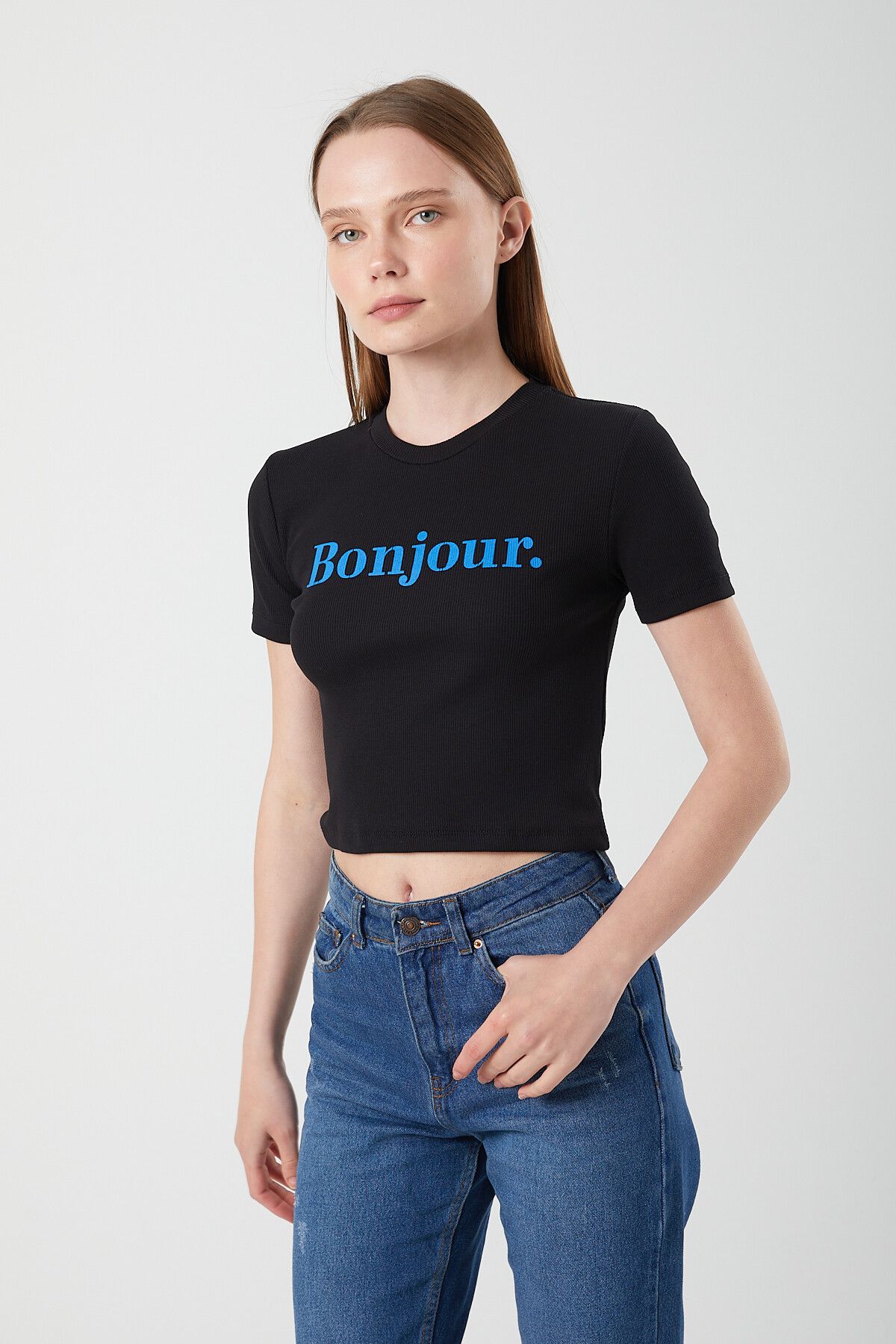 Mixray 1086 Kadın Bonjour Baskılı Pamuklu Crop T-Shirt