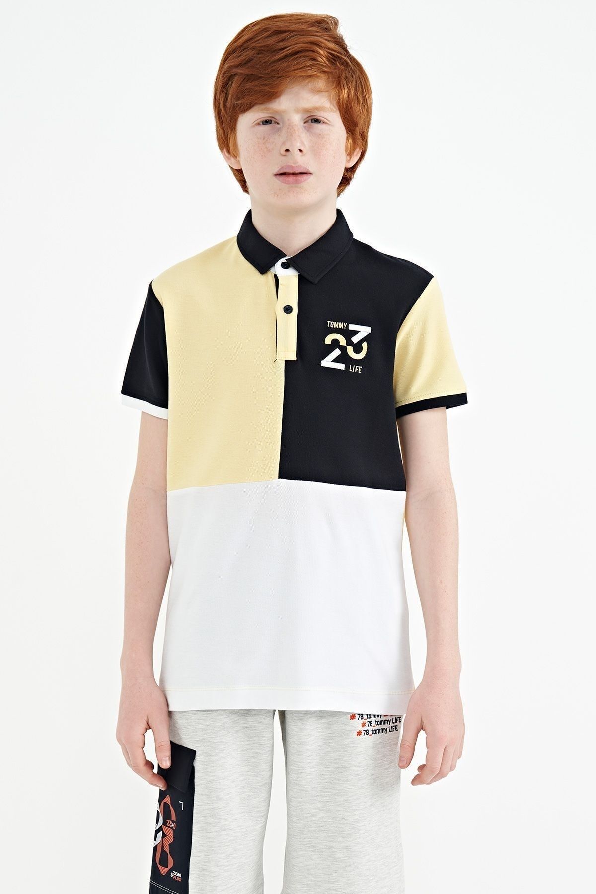 TOMMY LIFE Lacivert Renk Bloklu Nakış Detaylı Standart Kalıp Polo Yaka Erkek Çocuk T-shirt - 11108
