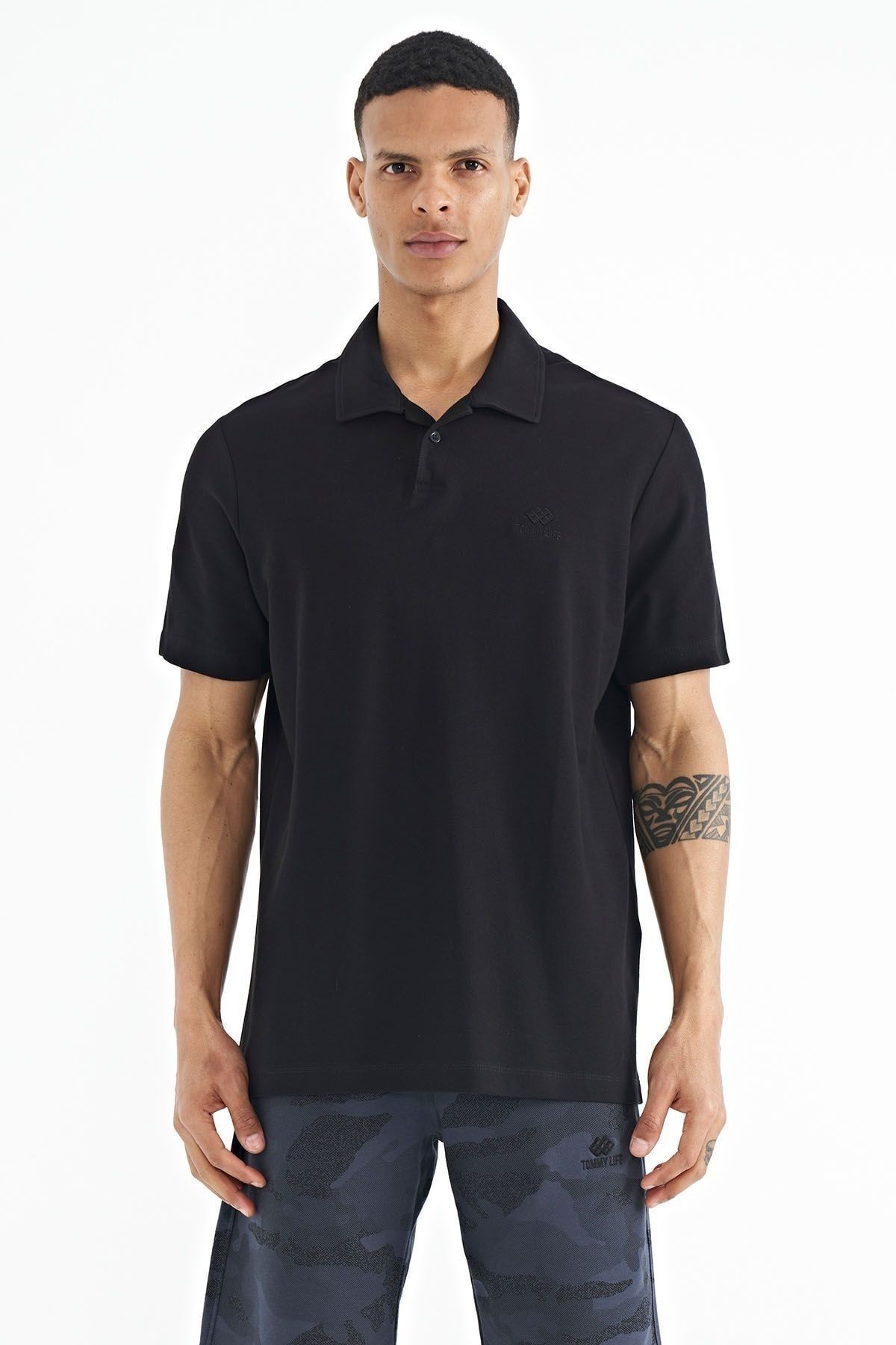 TOMMY LIFE Siyah Polo Yaka Logo Nakışlı Standart Form Erkek T-shirt - 88237