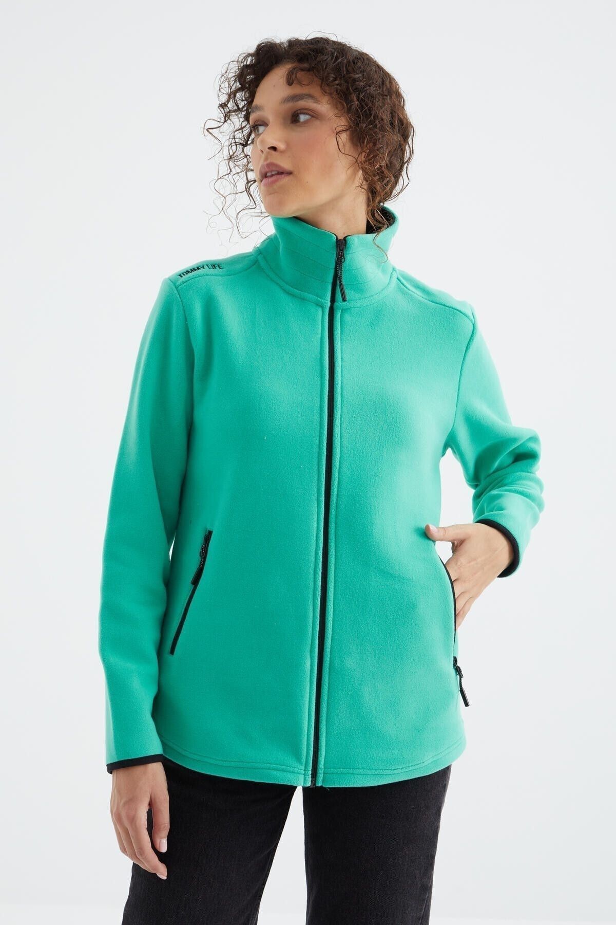 TOMMY LIFE Deniz Yeşili Dik Yaka Fermuarlı Rahat Form Kadın Polar Sweatshirt - 97173