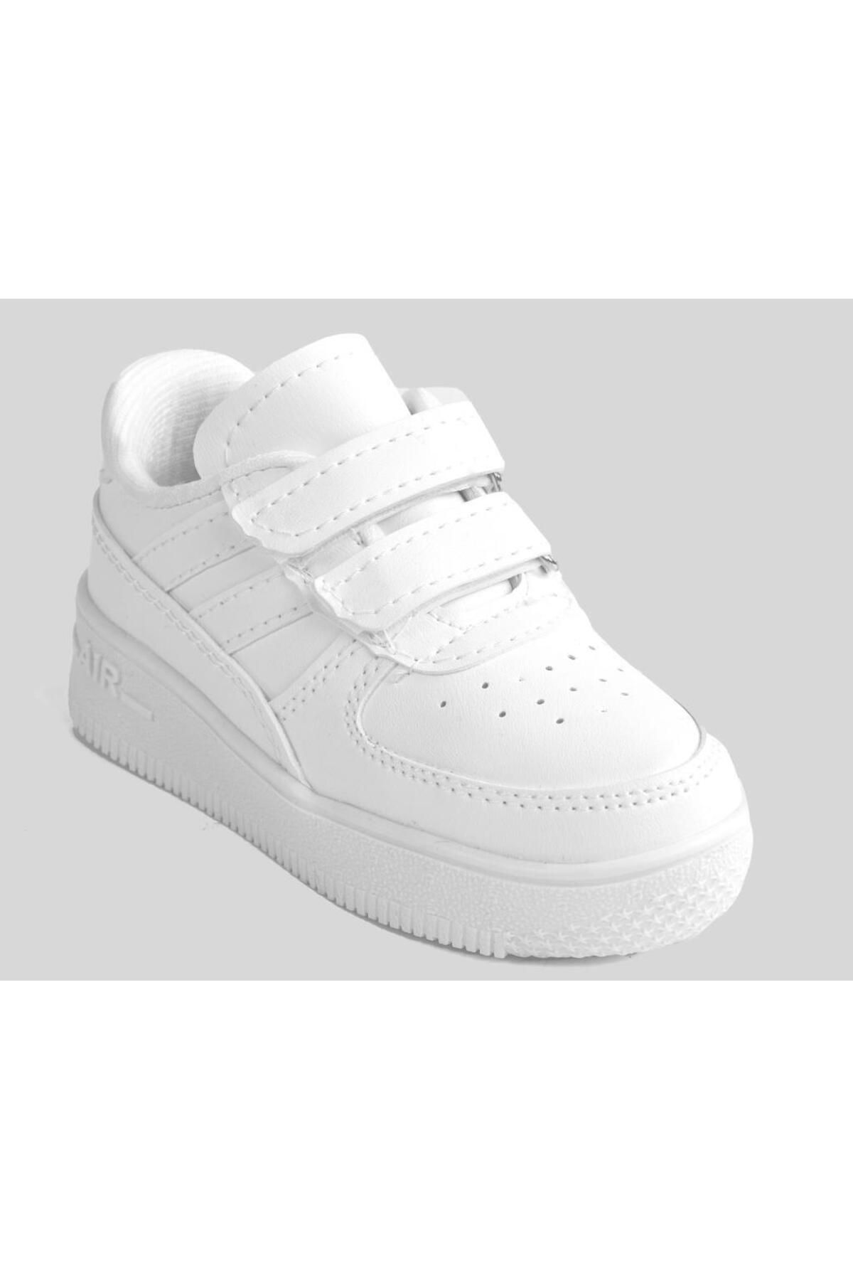 ellaboni Günlük Unisex Çocuk Şeritli Beyaz Sneaker Cırtlı Hafif Rahat Spor Ayakkabı
