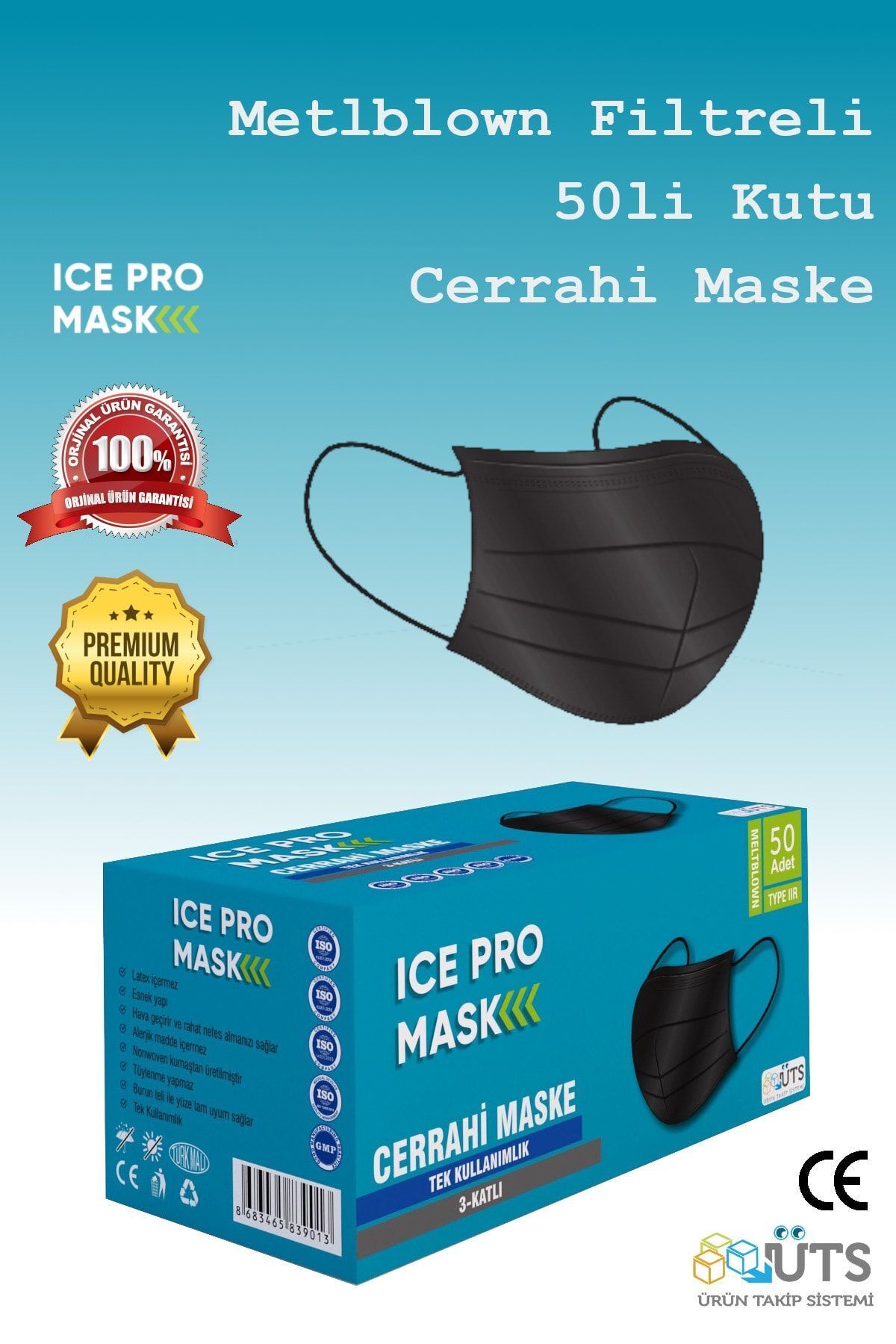 icepro mask Icepro Siyah Cerrahi Maske - Meltblown Filtreli - Burun Telli - 50li Kutu (üts Kayıtlı)