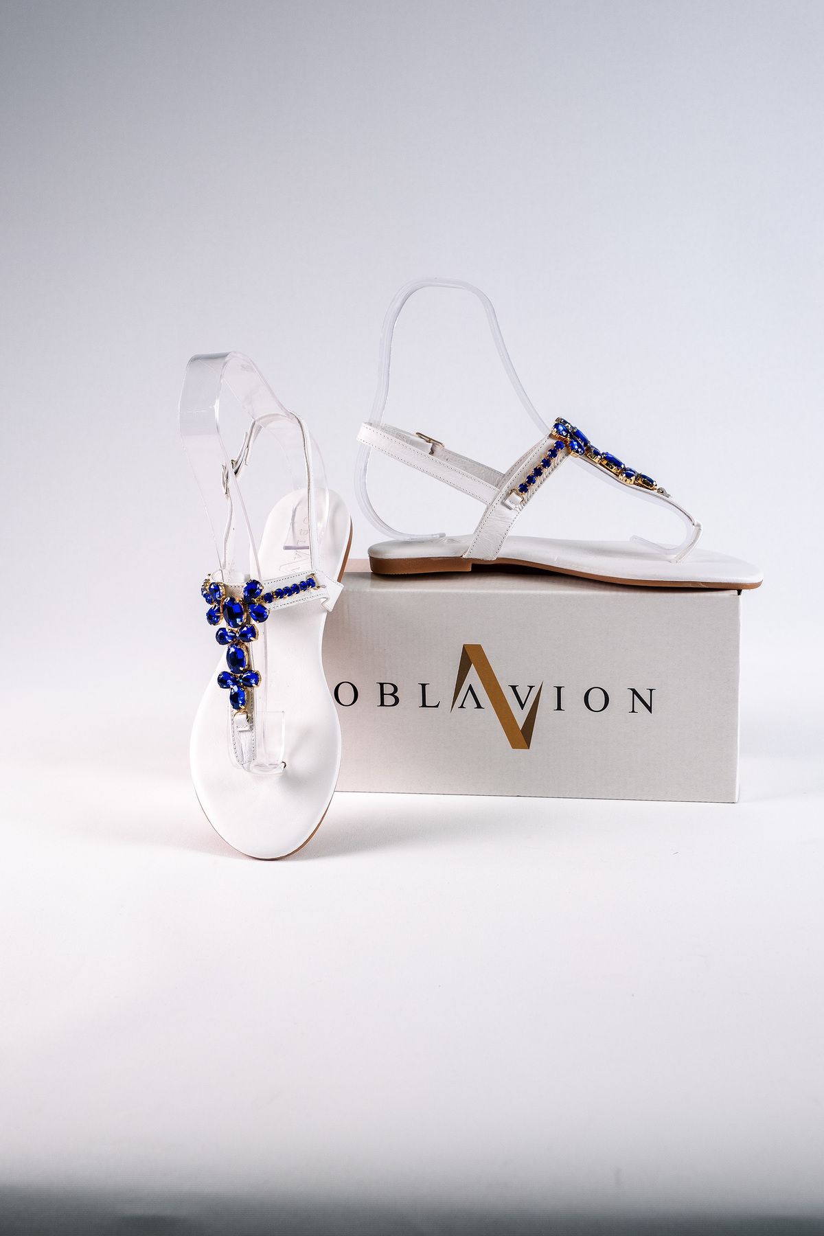 Oblavion Lavion Yeni Sezon Hakiki Deri Beyaz Mavi Günlük Taşlı Kadın Sandalet