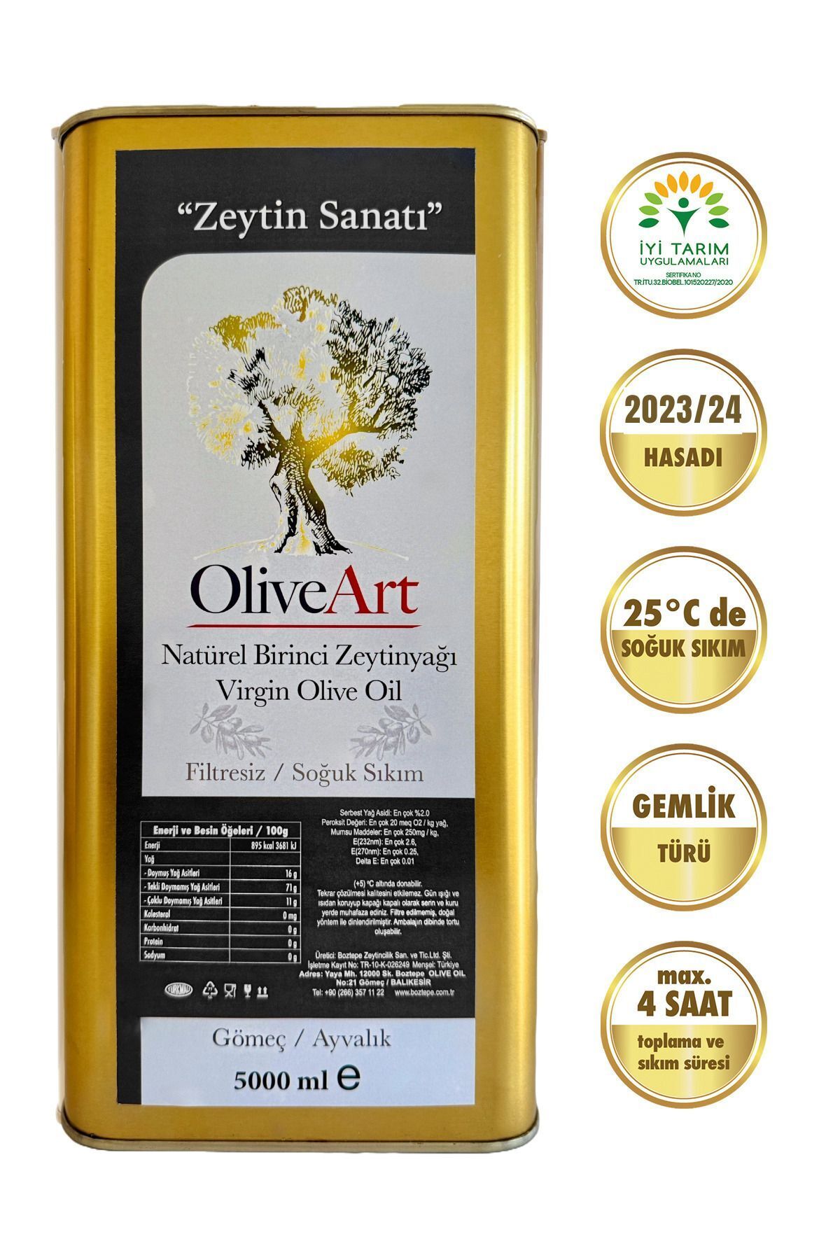 OliveArt 2023/2024 5 Lt Natürel Birinci Zeytinyağı , Iyi Tarım Sertifikalı, Soğuk Sıkım, Filtresiz