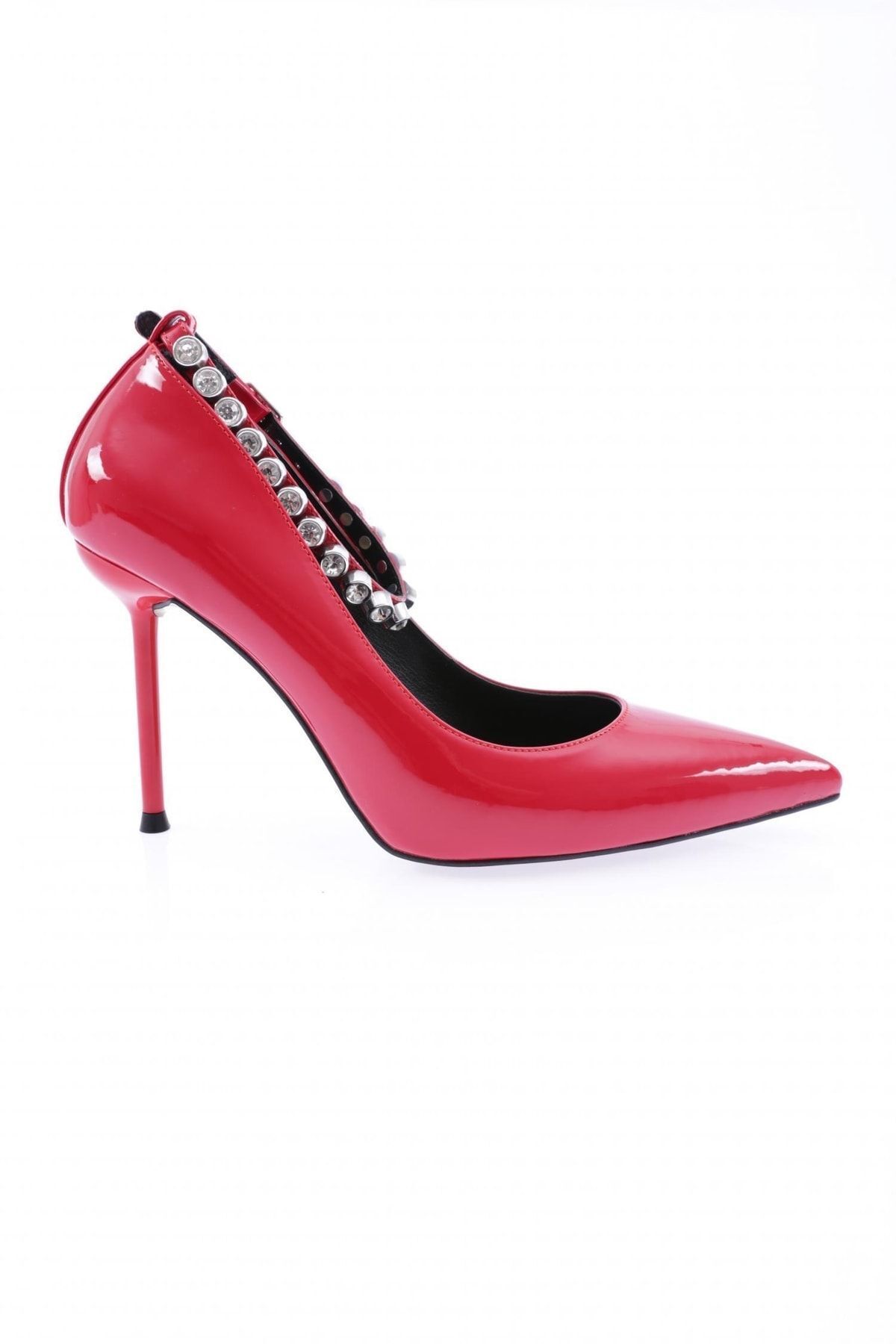 Dgn K5033 Kadın Sivri Burun Parmak Dekolteli Kristal Taşlı Ince Topuklu Ayakkabı Kırmızı Rugan