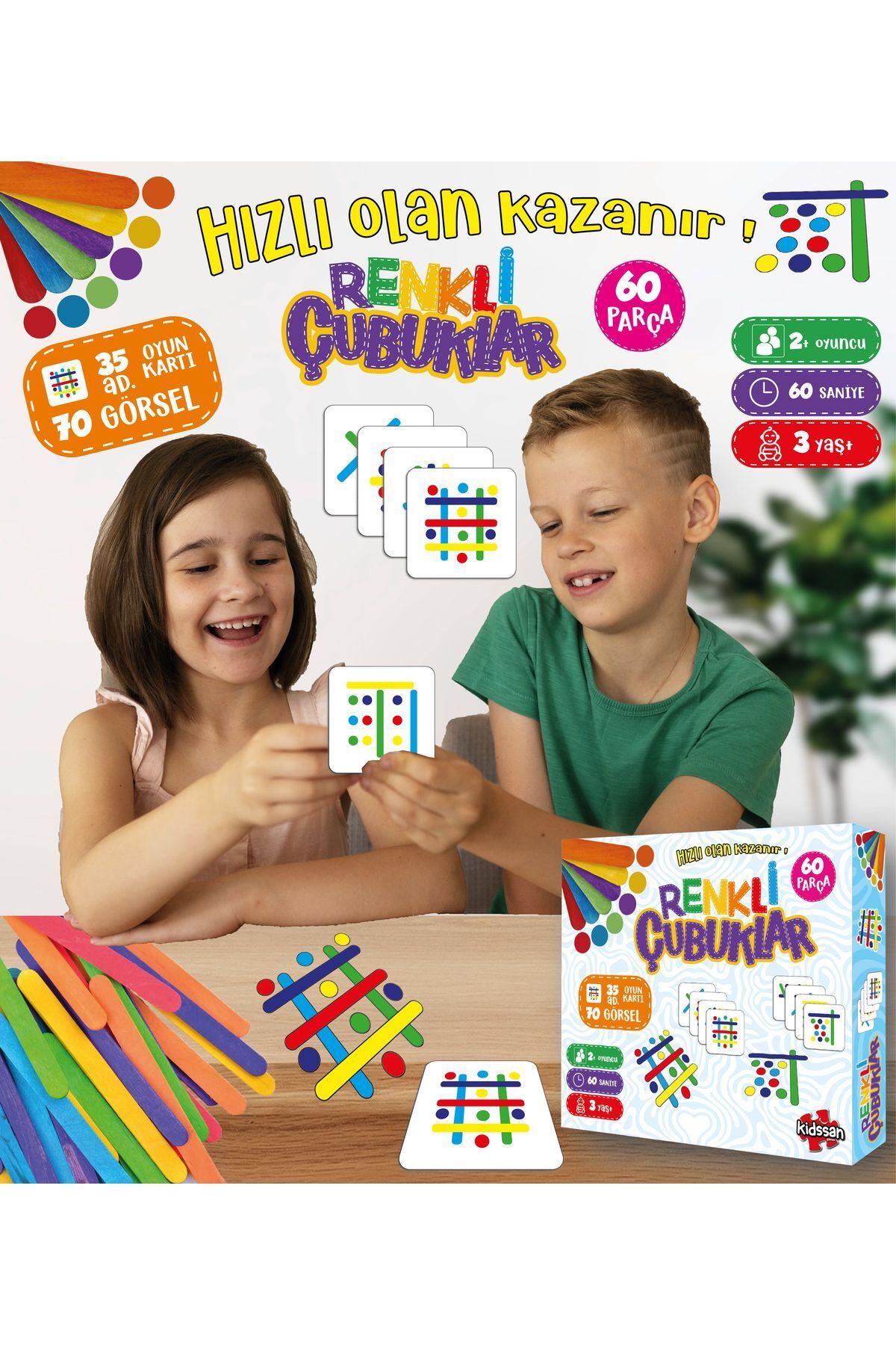 kidssan games Renkli Çubuklar Eğitici Pul ve Ahşap Dil Çubuğu Eğitici Oyuncak Kutu Oyunu