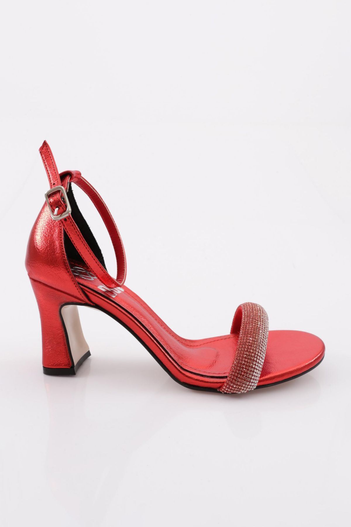 Dgn 7551 Kadın Silver Taşlı Bantlı Topuklu Ayakkabı Kırmızı Metalik