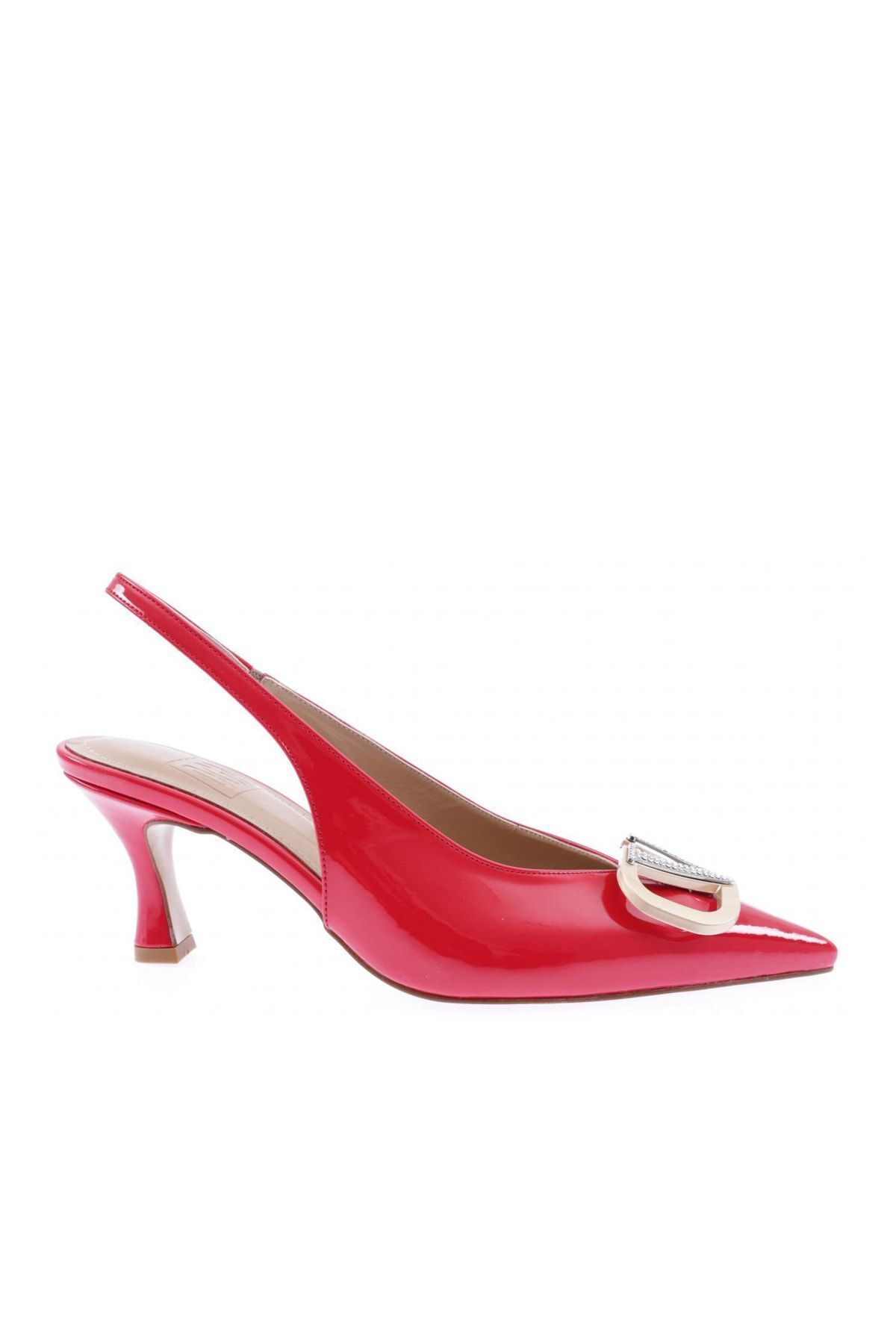 Dgn 2055-22y Kadın Sivri Burun Kristal Taş Tokalı Topuklu Ayakkabı Kırmızı Rugan