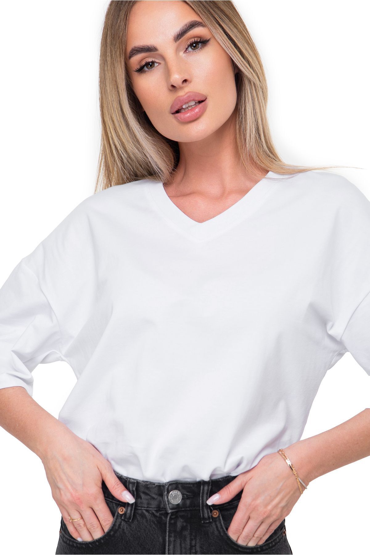 Happyfox Pamuklu Likralı Kadın V Yaka Baskısız Oversize Düz T-shirt Basic Beyaz