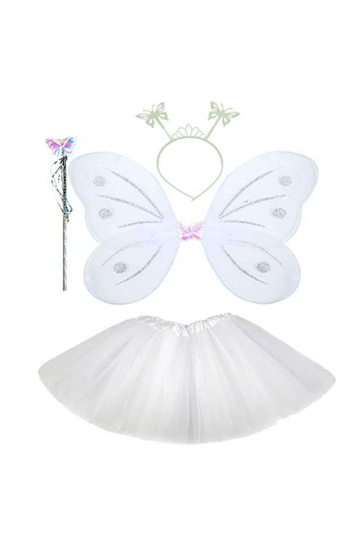 Skygo Beyaz Kelebek Kostümü - Beyaz Kelebek Kostüm Aksesuar Seti 4 Parça