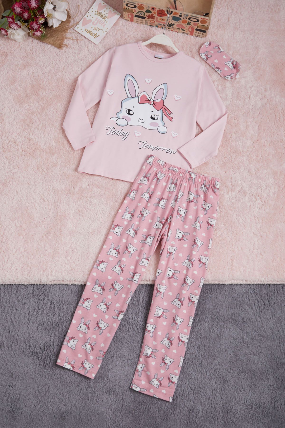Cansın Mini Pembe Fiyonklu Kedili Kız Çocuk Pijama Takımı 16337