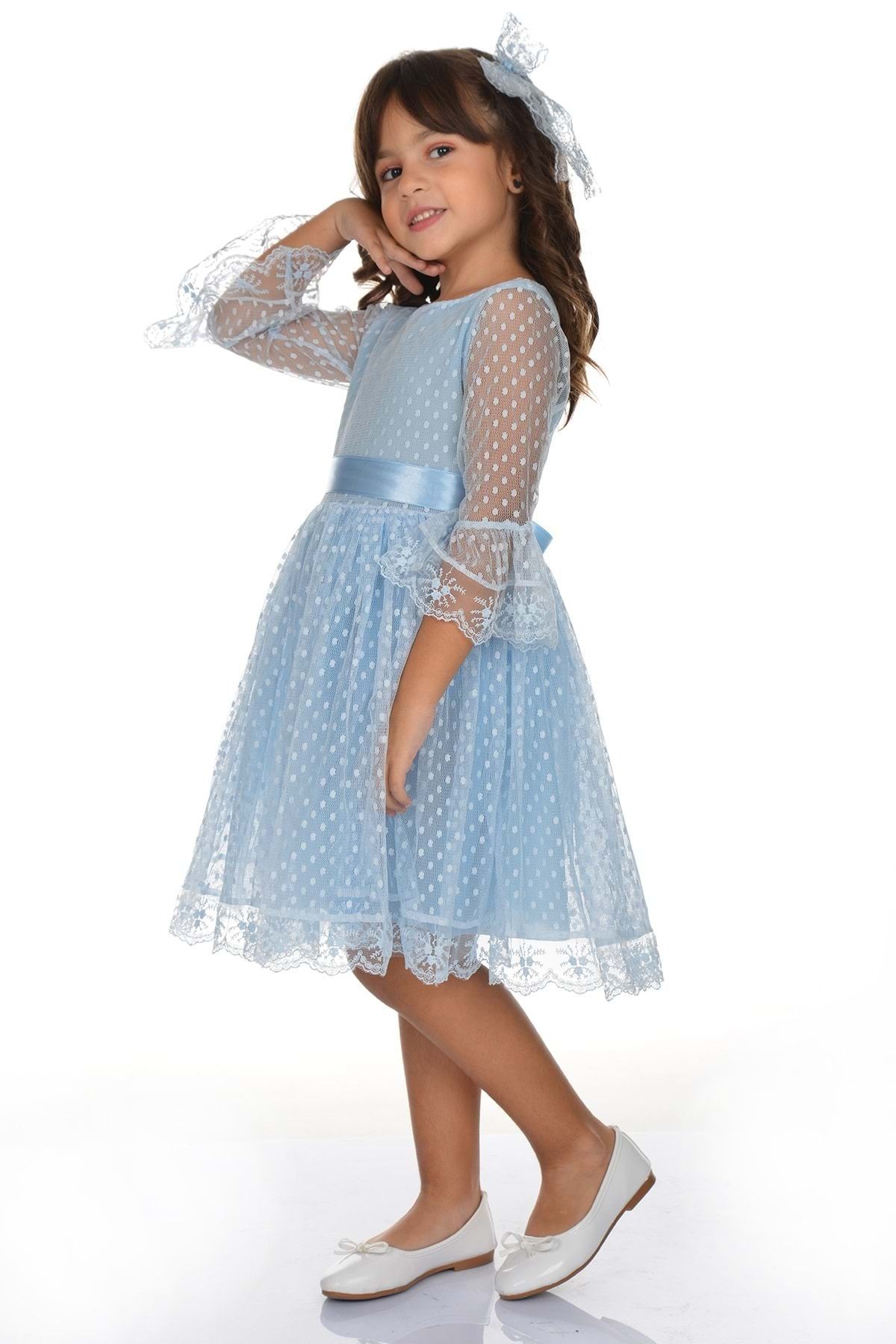 Mnk Rengarenk Fransız Dantel Tokalı Kız Çocuk Elbise Mavi