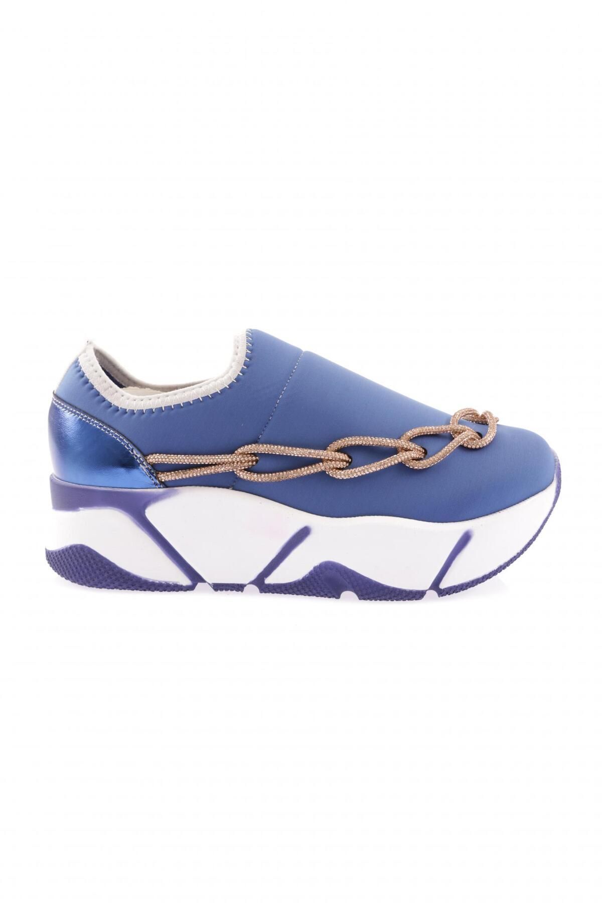 Dgn 700-23y Kadın Mega Kalın Taban Zincirli Strech Detaylı Sneakers Ayakkabı Saks Mavisi