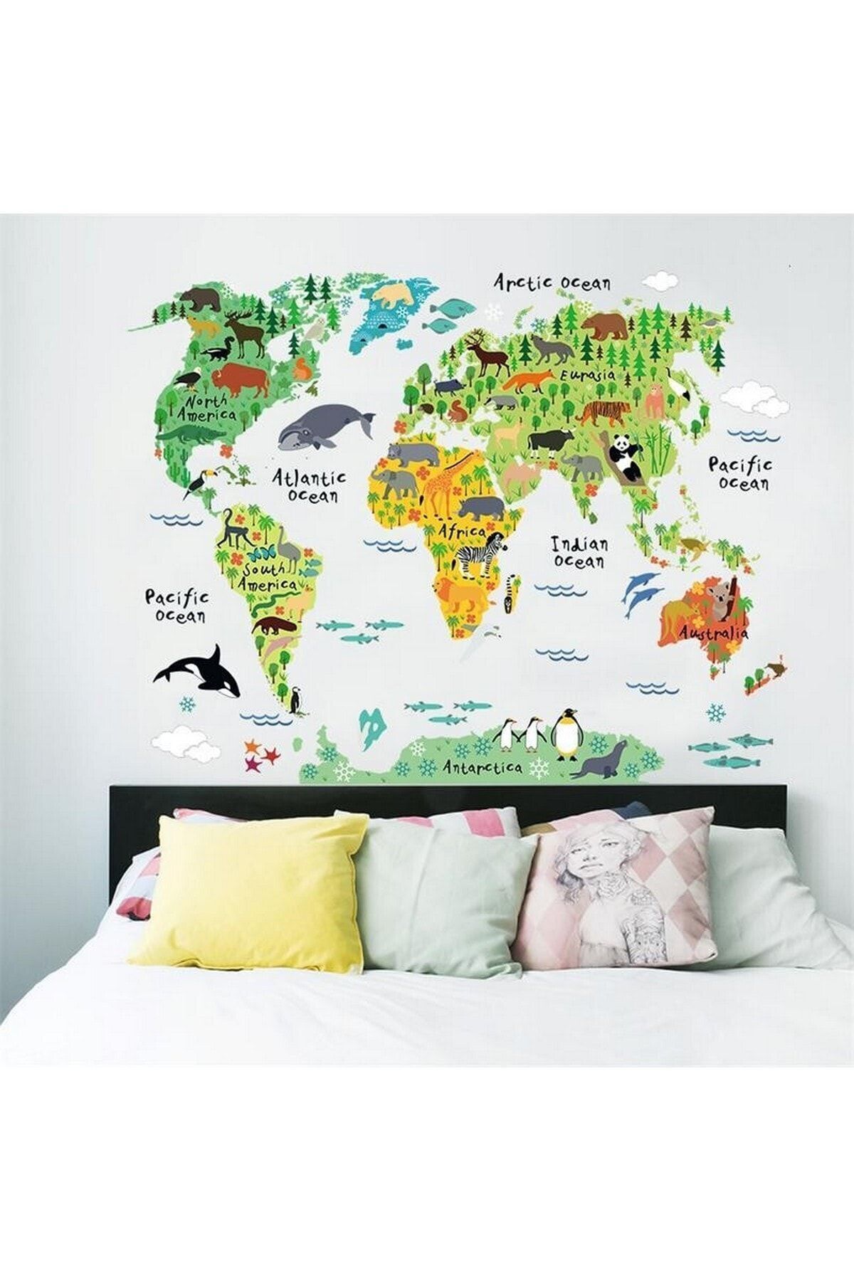 CRYSTAL KIDS Çocuk Odası Dekoru Hayvanlı Dünya Çocuk Haritası Atlas Pvc Duvar Sticker