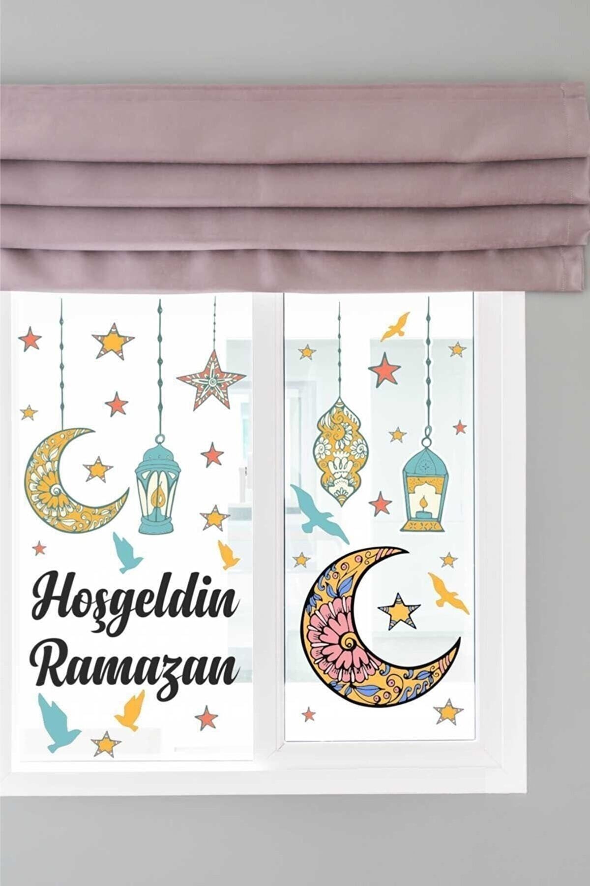 KT Decor Hoşgeldin Ramazan Sarkıtlı Hilal Kandil Ve Yıldızlar Duvar Ve Cam Sticker Seti