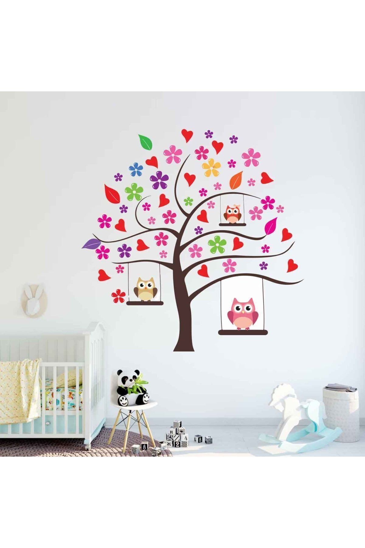 KT Decor Ağaçta Sallanan Baykuşlar Ve Rengarenk Figürler Çocuk Odası Duvar Sticker Seti