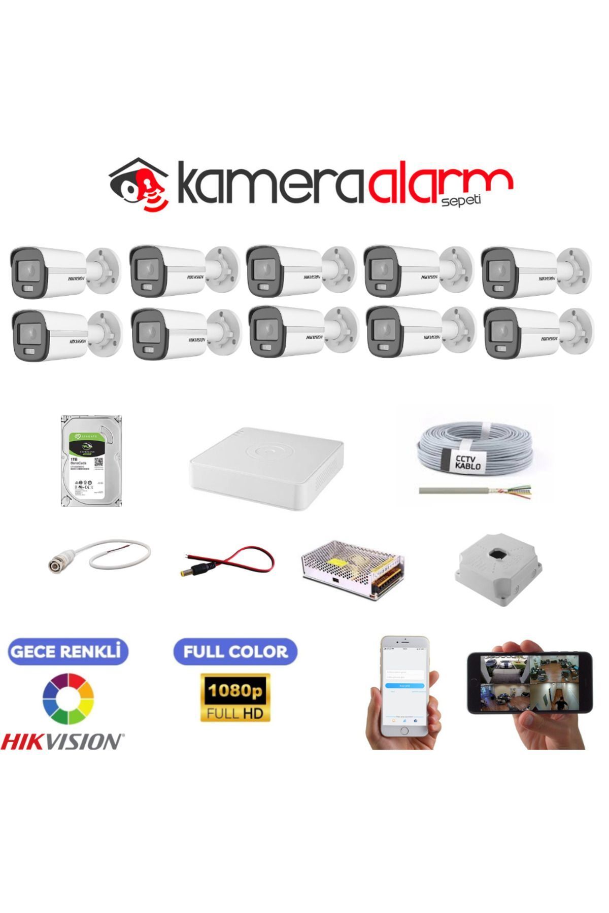 Hikvision 10 Kameralı Gece Renkli Güvenlik Kamerası Seti - Uzaktan İzleme - 1TB HDD