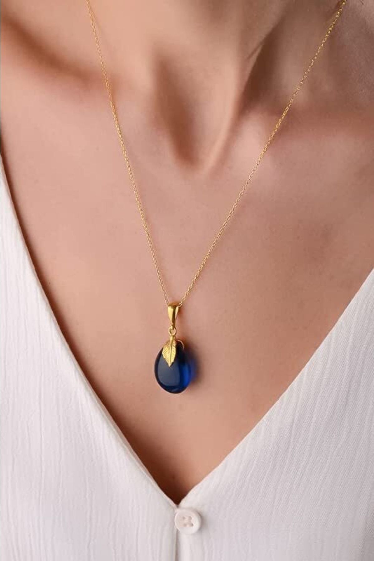 Amberistan Yetişkin Mavi Kehribar Kolye – Altın Kaplama Gümüş Zincir, Kehribar Mücevher, Kehribar Taşlı Takı