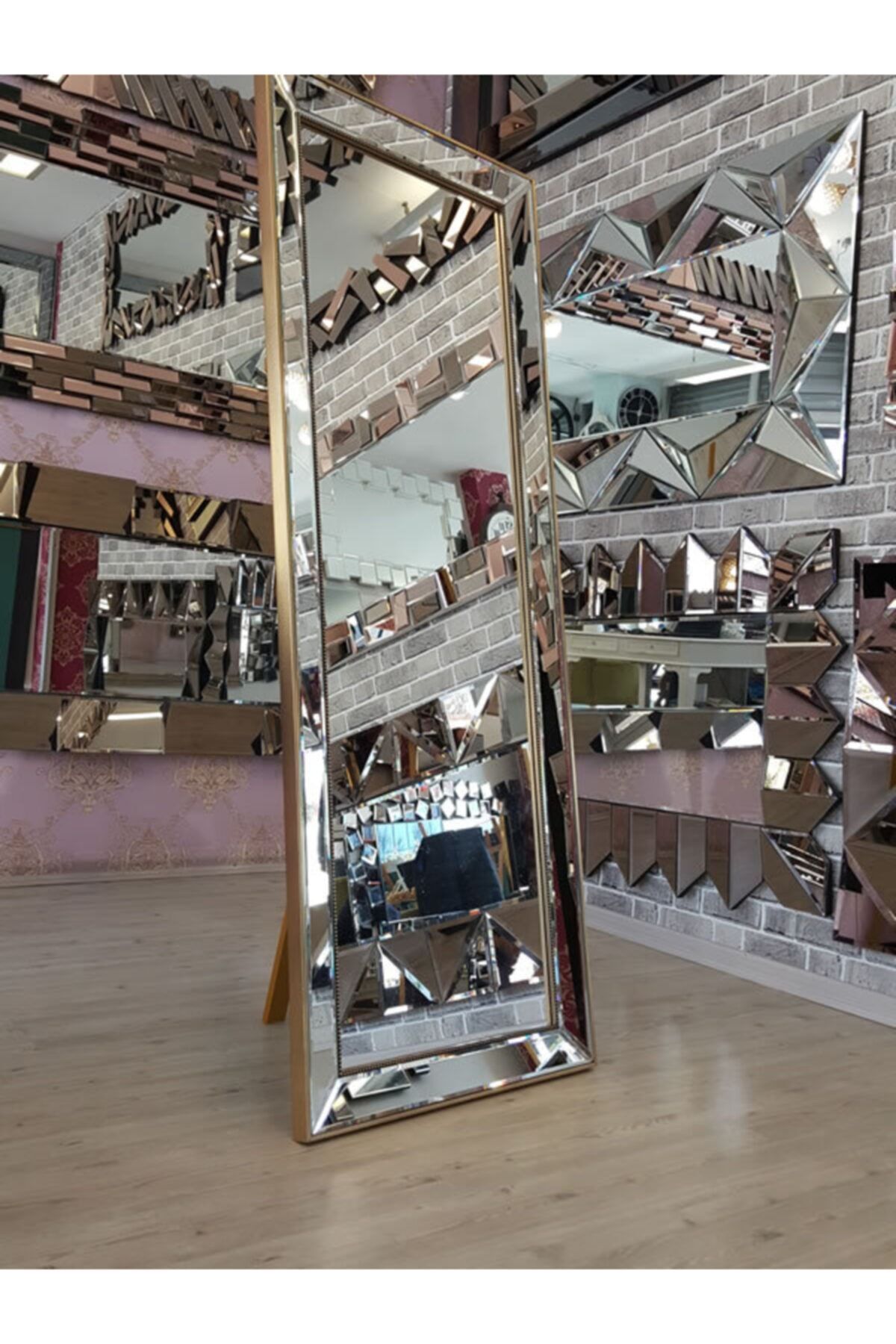 AYNA DENİZİ Ayna Çerçeveli Model Eskitme Altın Renk Dekoratif Modern Ayaklı Boy Aynası