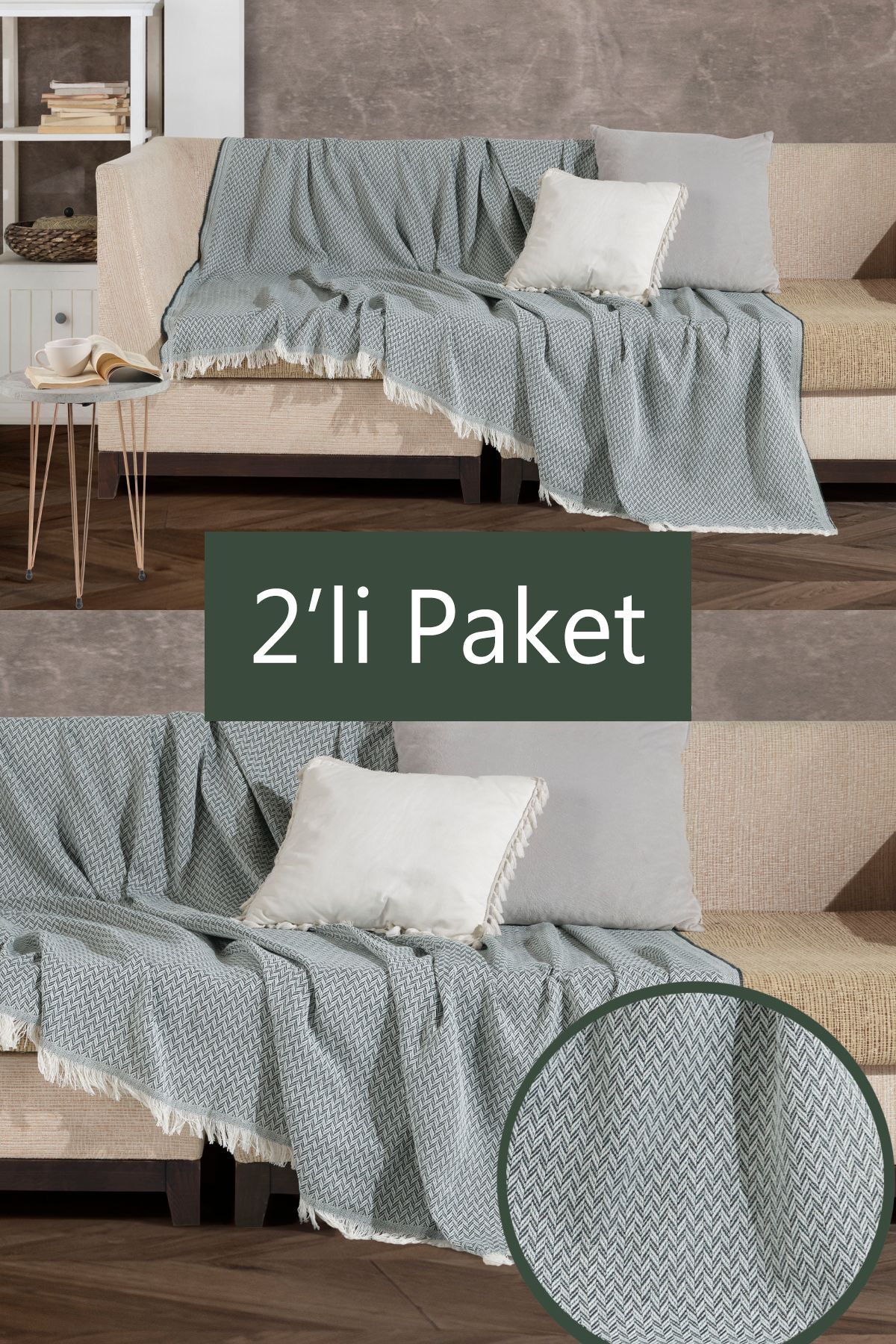 Miracolo Home Yeşil Pratik Optimal Kaymaz Tasarım 180x220 Cm Burçak Desen Koltuk Örtüsü Önden Saçaklı (2 ADET)