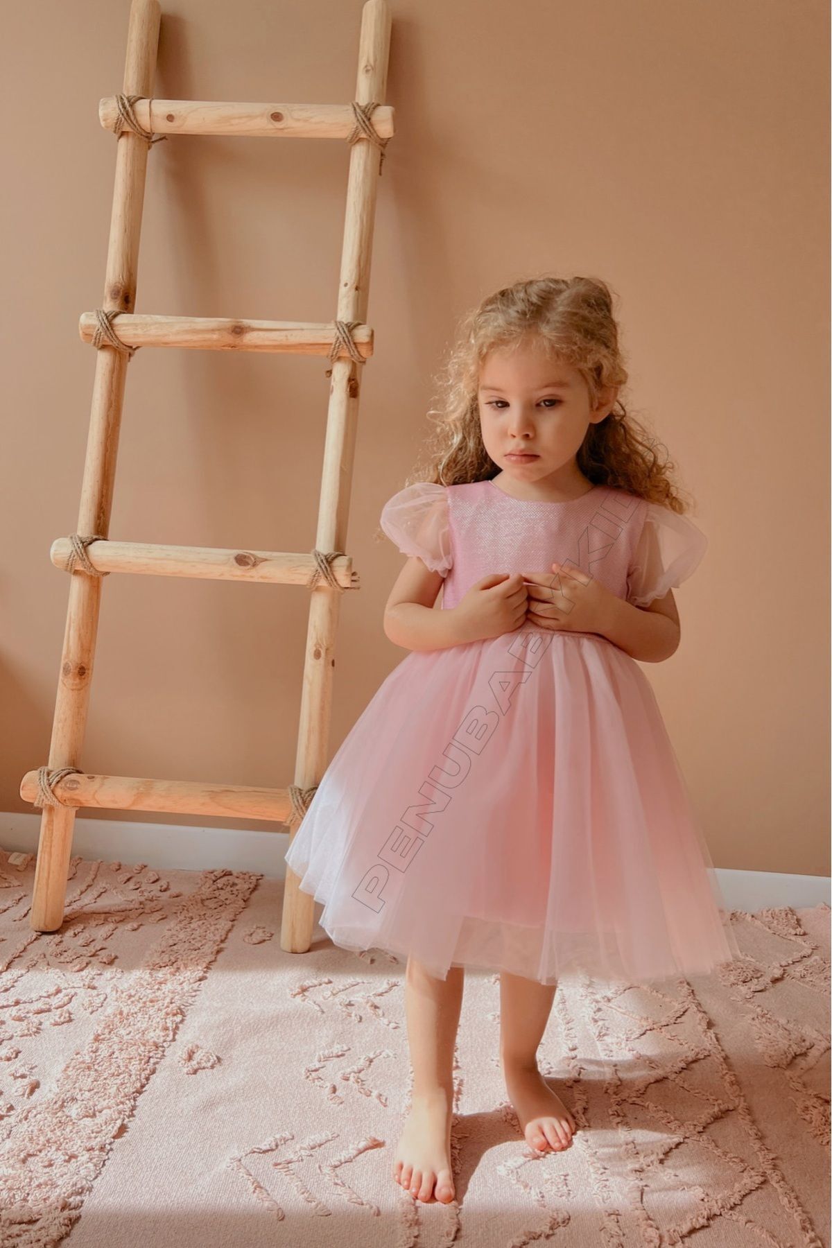 penu baby kids Pembe Kısa Balon Tül Kol Altı Tütülü Kız Bebek Elbise - Cinderella