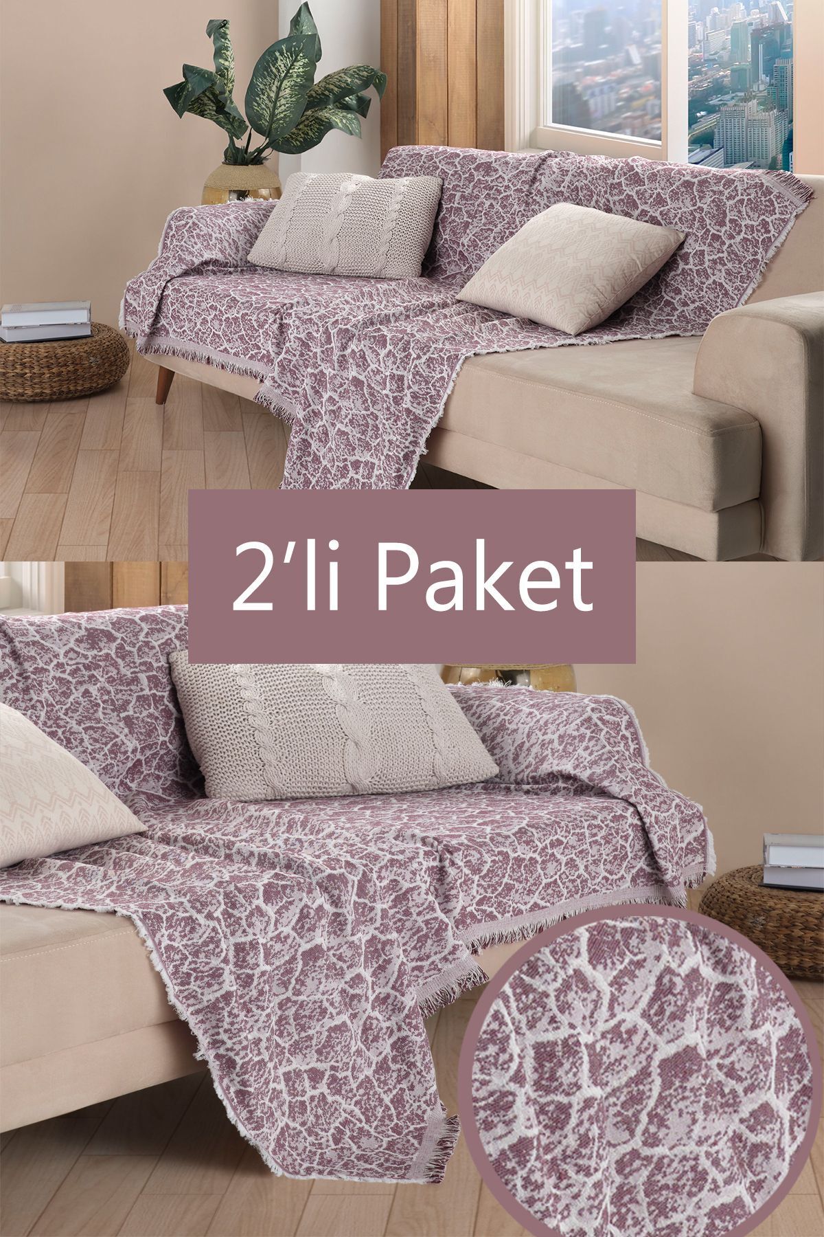 Miracolo Home Pratik Optimal Kaymaz Tasarım Bordo 180x220 Cm Damar Desen Koltuk Örtüsü Önden Saçaklı-2 Li Set