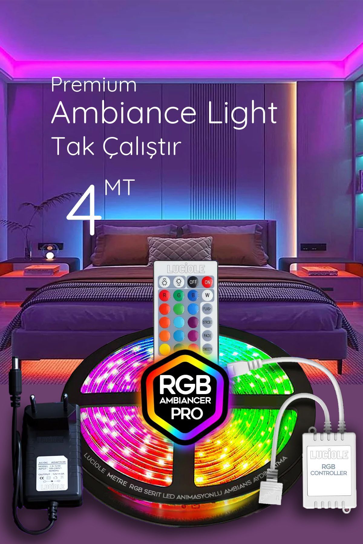 luciole Rgb Led Tak Çalıştır 16 Renkli 4 Animasyonlu Tv Arkası Led Yatak Odası Led Bilgisayar Led 4metre