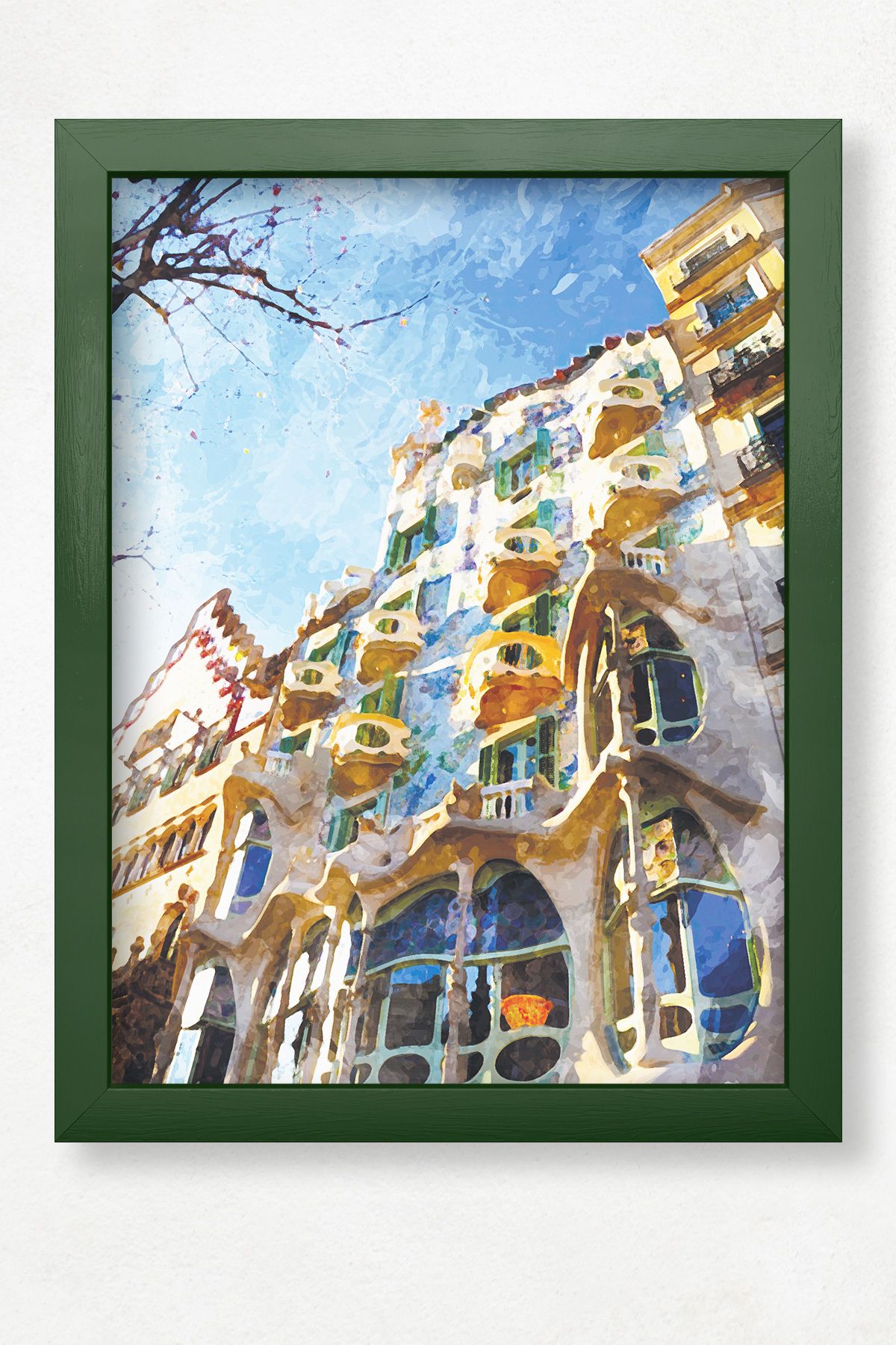 DuoArt Casa Mila-Barselona/İkonik Yapılar/Efekt/Doğal Ahşap Çerçeveli Poster/Çerçeve Rengi:Koyu Yeşil