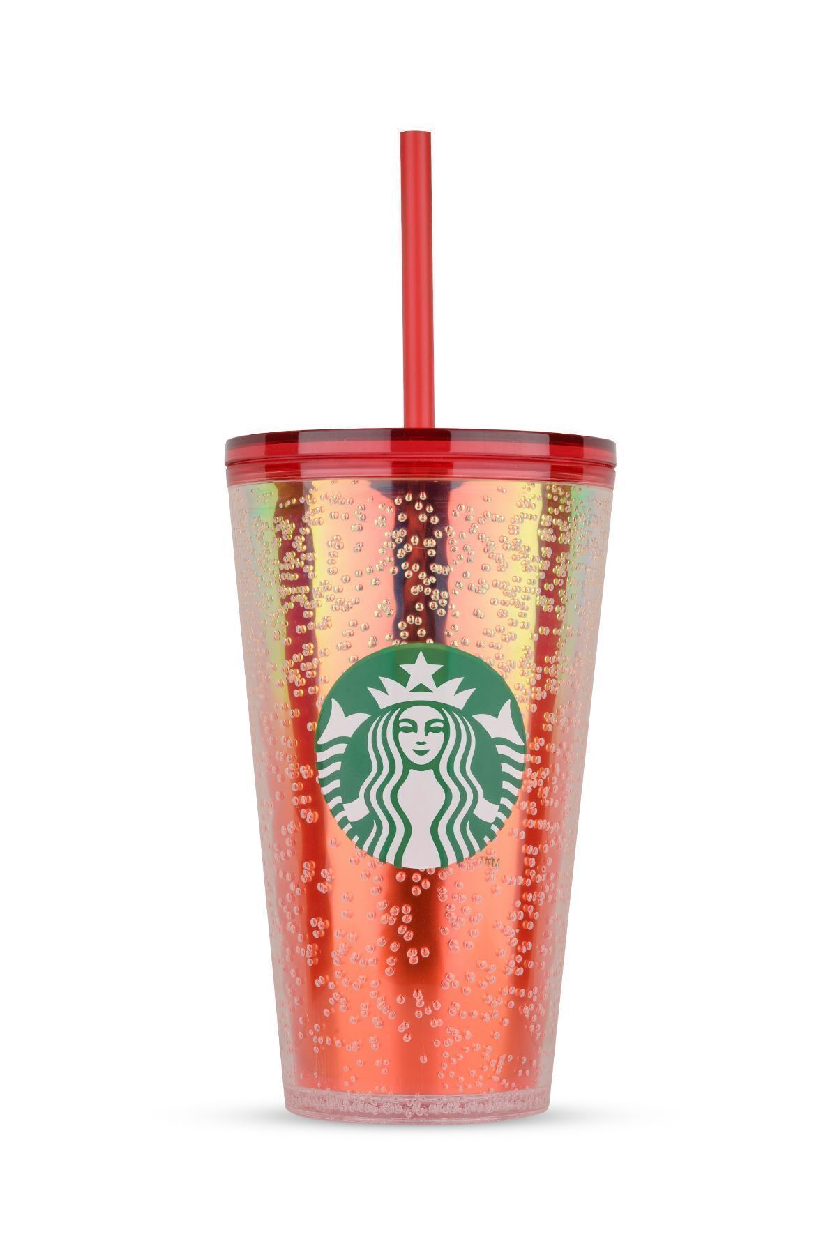 Starbucks Baloncuk Desenli Çok Renkli Pipetli Sert Plastik Termos 473ml